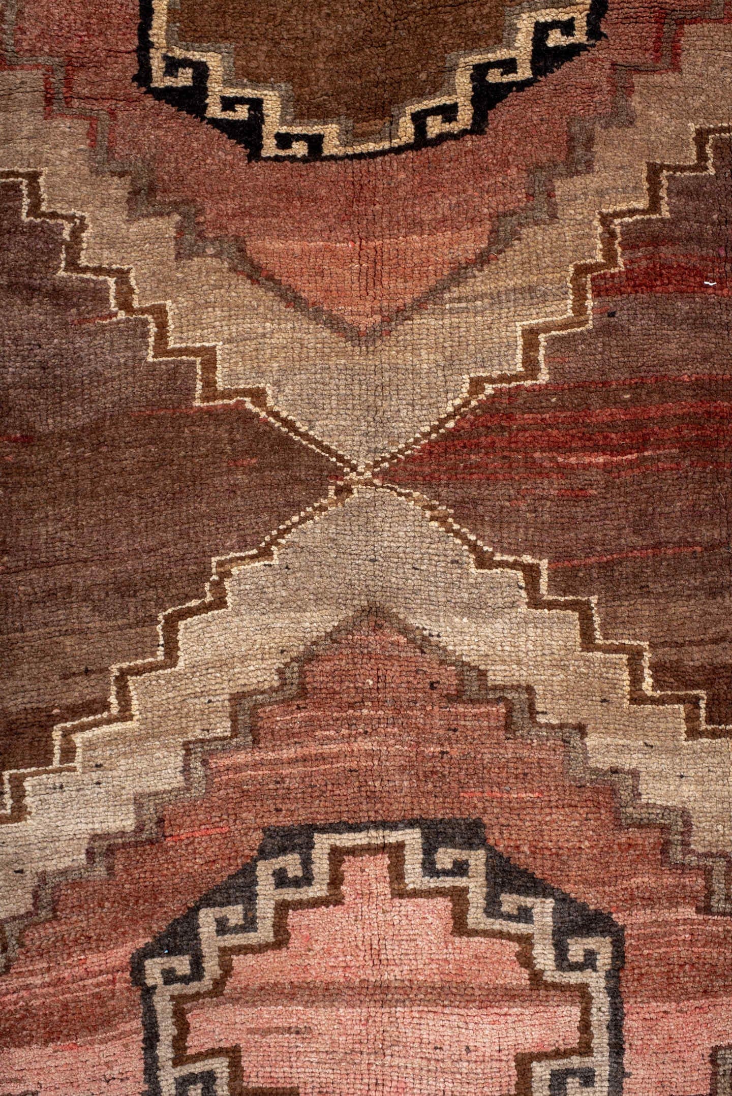 7' x 11' one-of-a-kind handmade antique Kars large size rug. Color palette: brown, taupe, rose, rust, ivory, charcoal