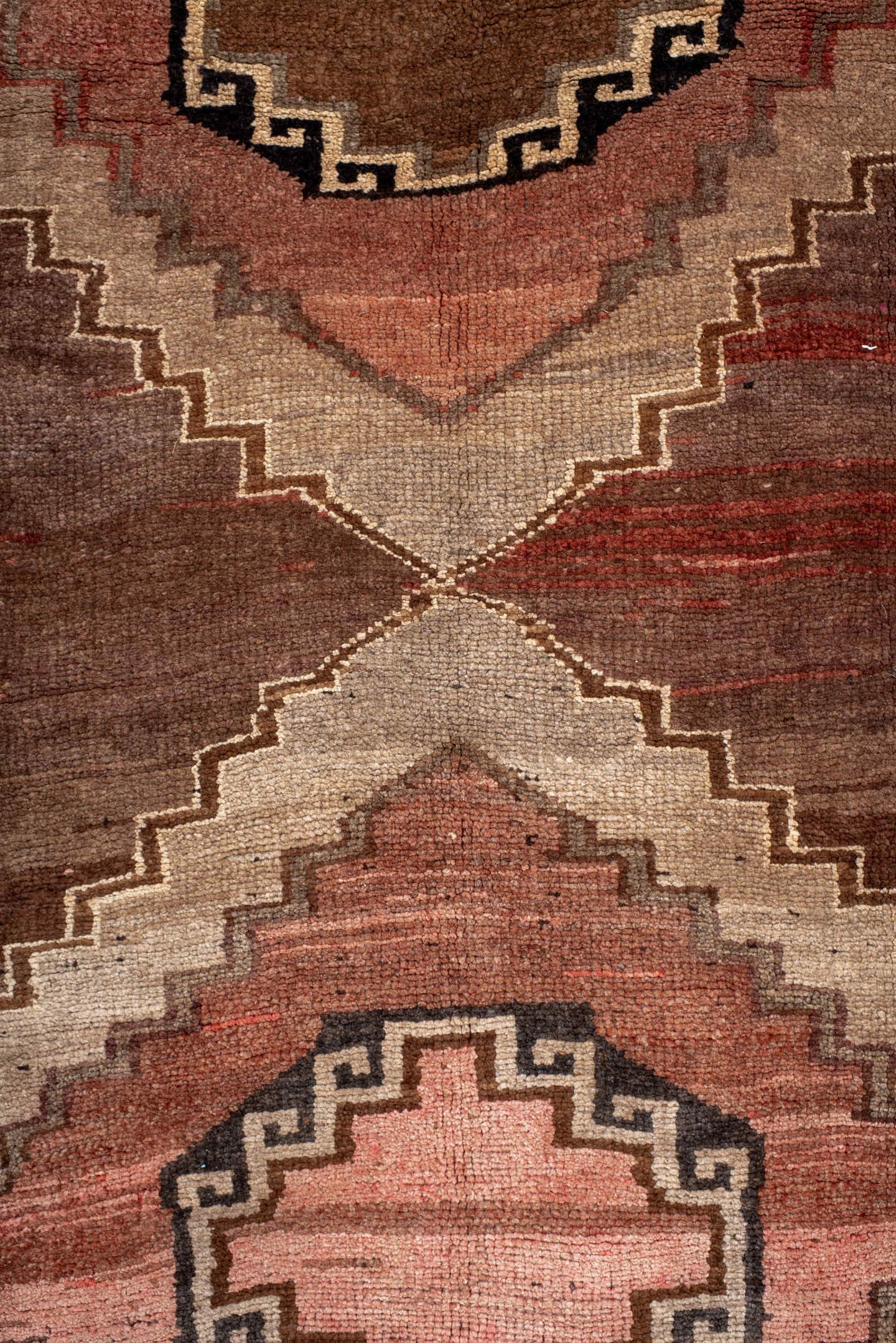 7' x 11' one-of-a-kind handmade antique Kars large size rug. Color palette: brown, taupe, rose, rust, ivory, charcoal
