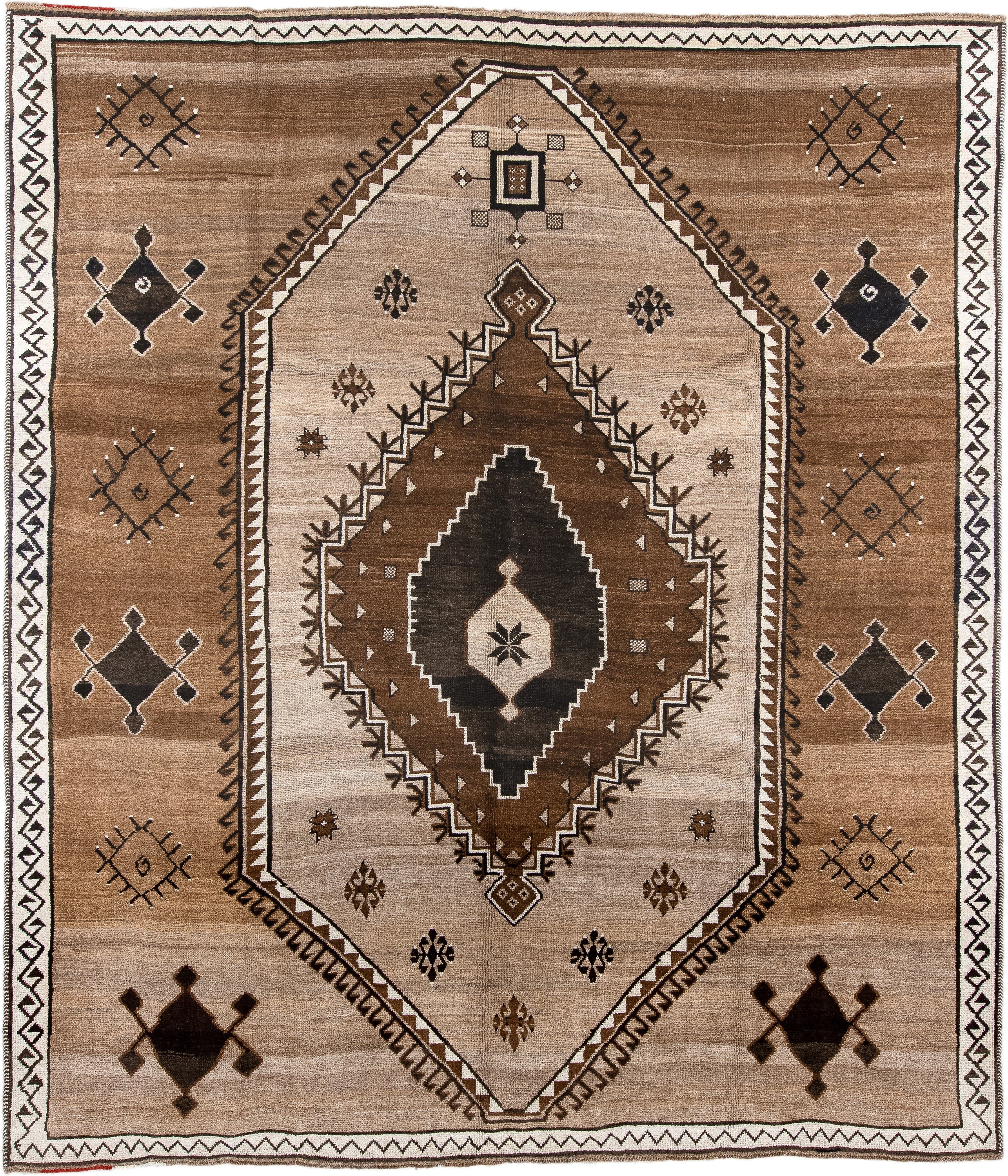 10' x 12' one-of-a-kind handmade antique Kars large size rug. Color palette: camel, ivory, brown, charcoal, taupe, beige