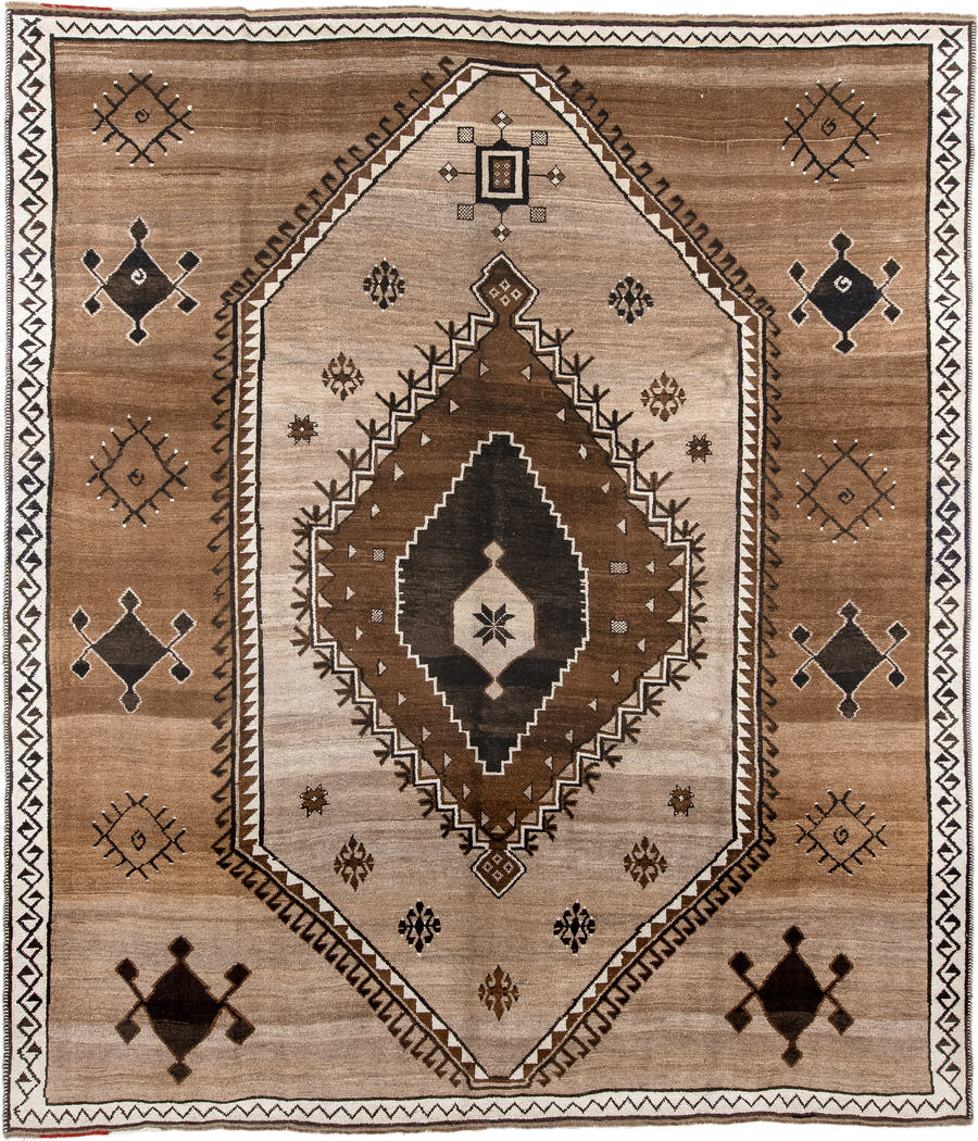 10' x 12' one-of-a-kind handmade antique Kars large size rug. Color palette: camel, ivory, brown, charcoal, taupe, beige
