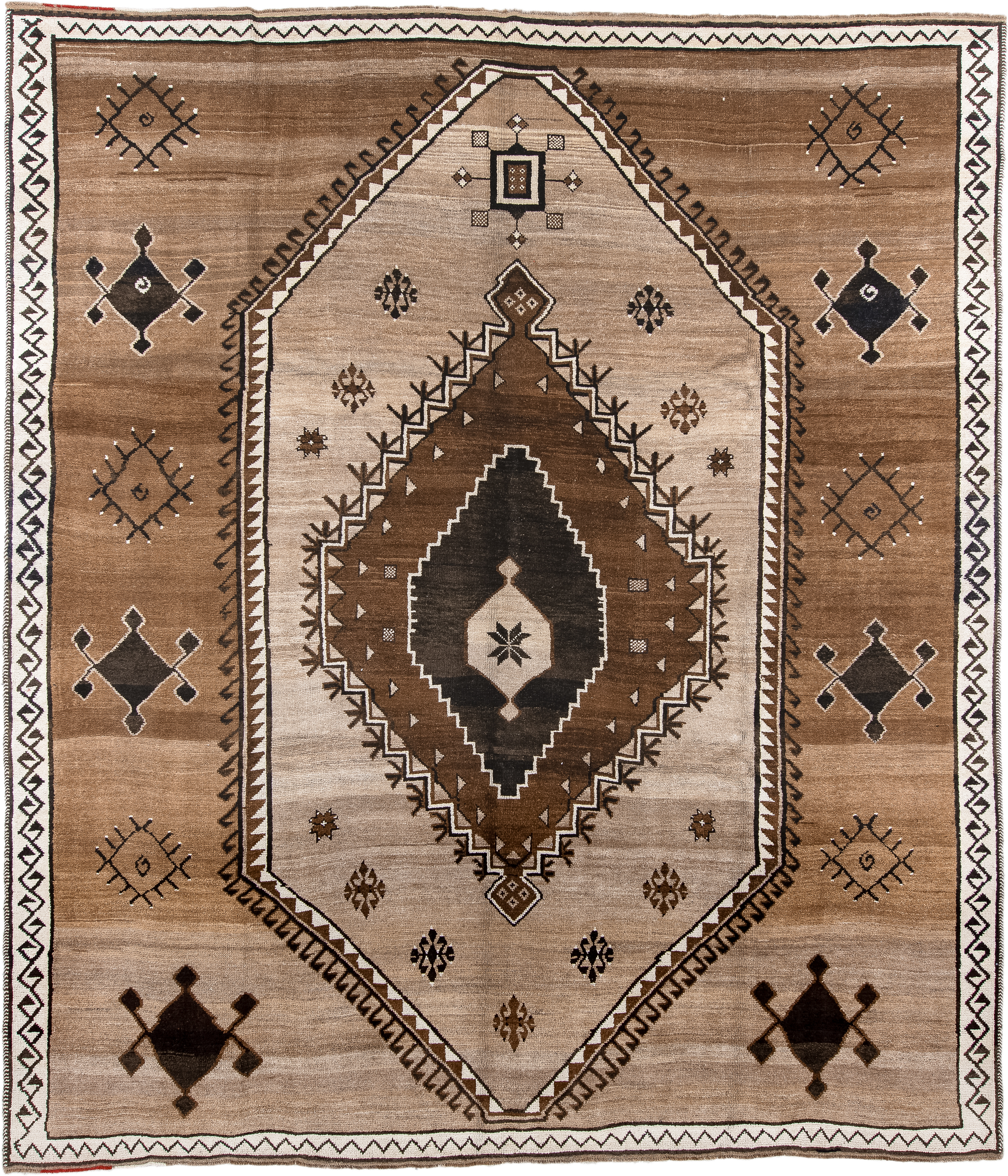 10' x 12' one-of-a-kind handmade antique Kars large size rug. Color palette: camel, ivory, brown, charcoal, taupe, beige