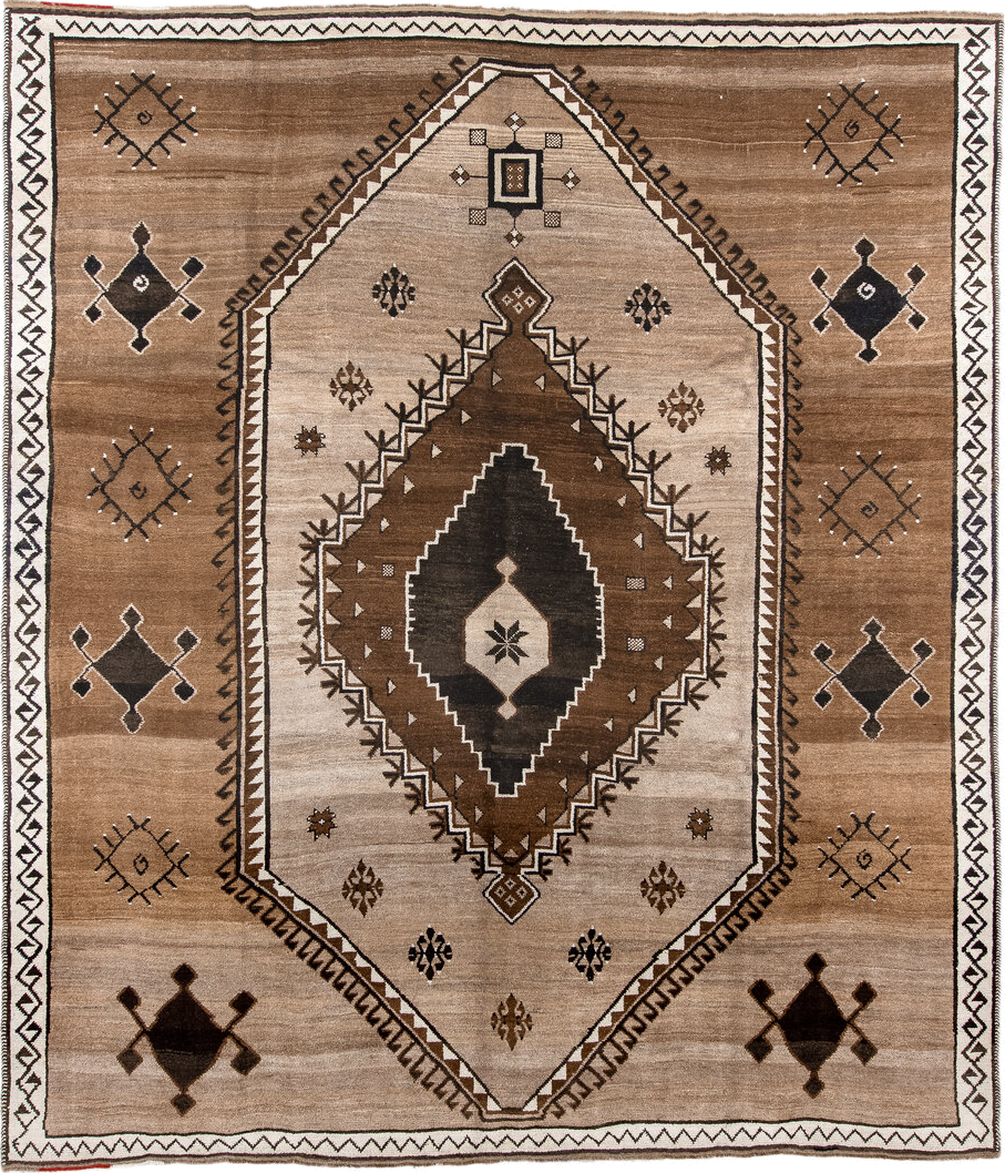 10' x 12' one-of-a-kind handmade antique Kars large size rug. Color palette: camel, ivory, brown, charcoal, taupe, beige
