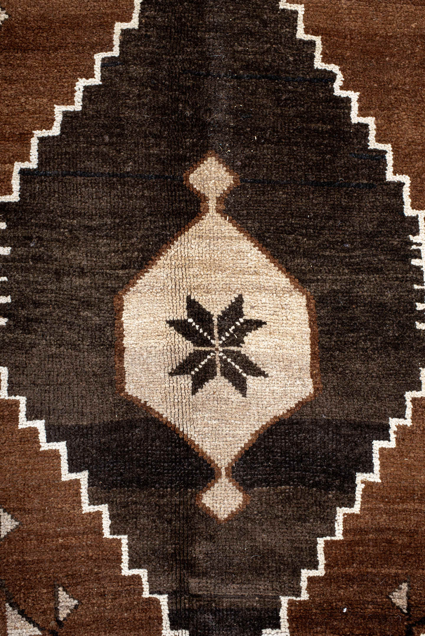 10' x 12' one-of-a-kind handmade antique Kars large size rug. Color palette: camel, ivory, brown, charcoal, taupe, beige