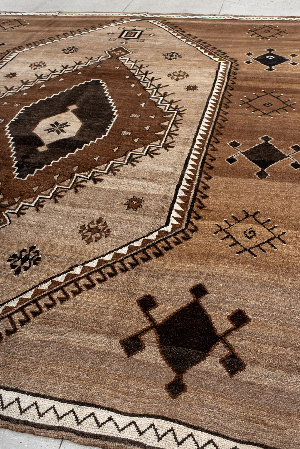 10' x 12' one-of-a-kind handmade antique Kars large size rug. Color palette: camel, ivory, brown, charcoal, taupe, beige