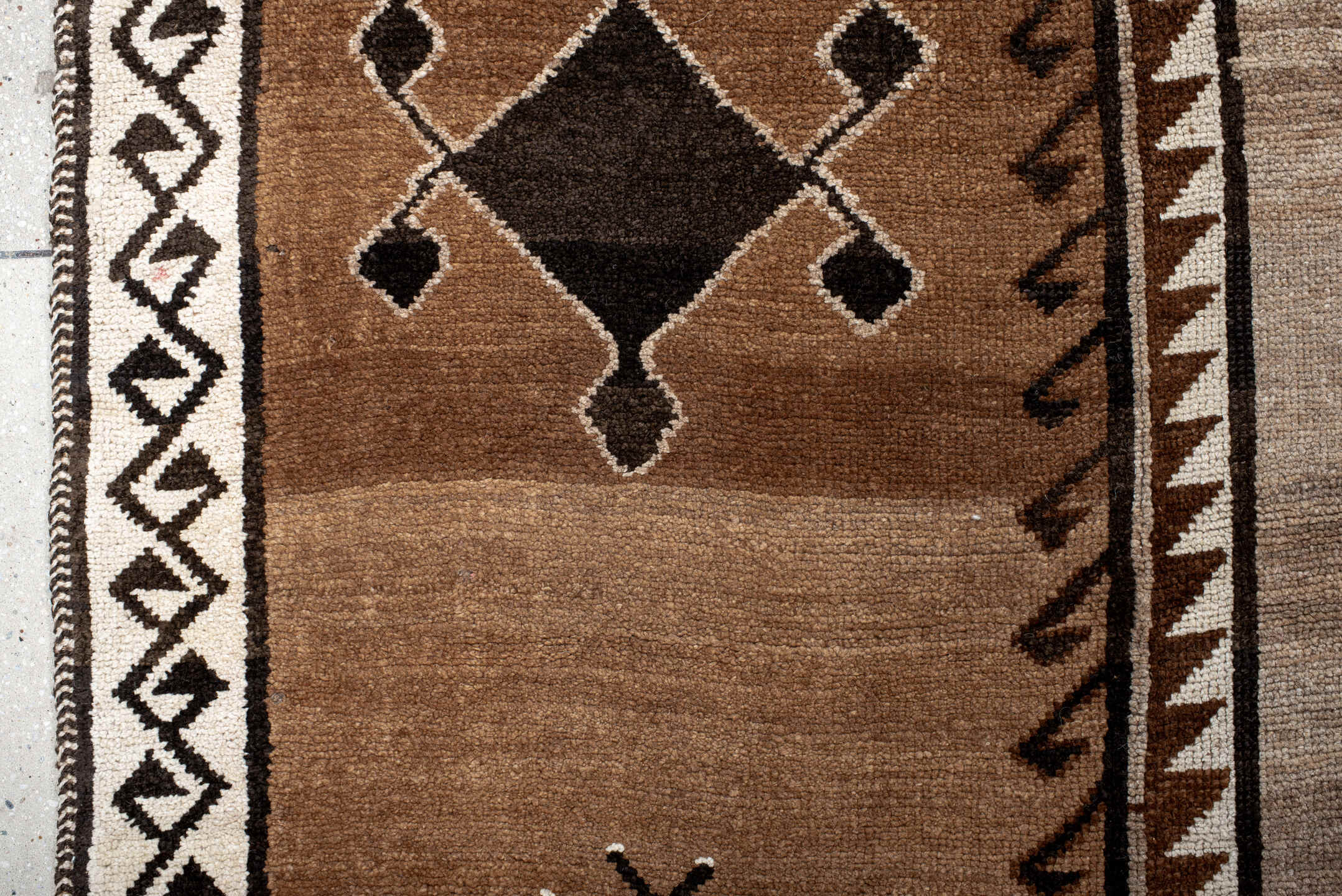 10' x 12' one-of-a-kind handmade antique Kars large size rug. Color palette: camel, ivory, brown, charcoal, taupe, beige