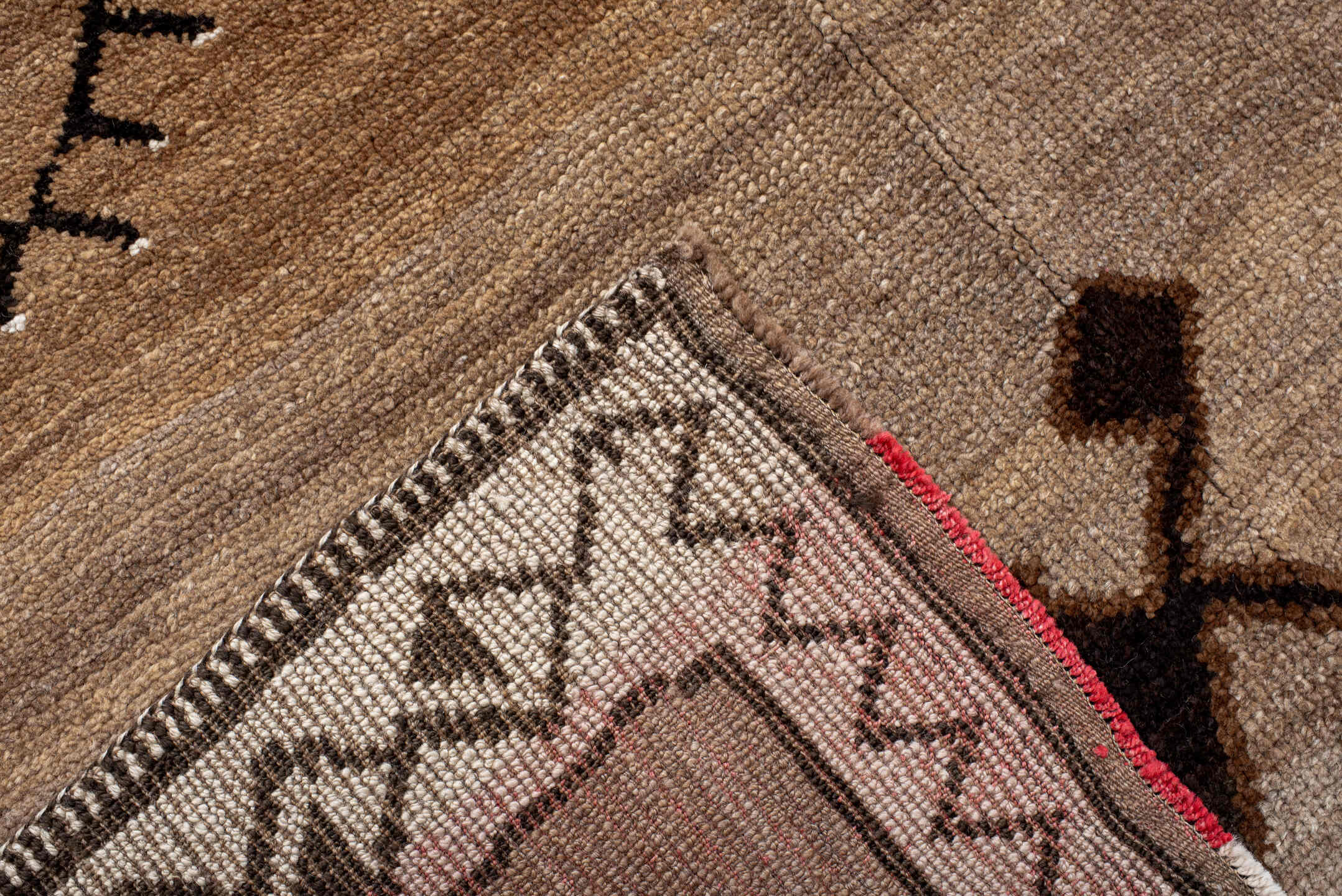 10' x 12' one-of-a-kind handmade antique Kars large size rug. Color palette: camel, ivory, brown, charcoal, taupe, beige