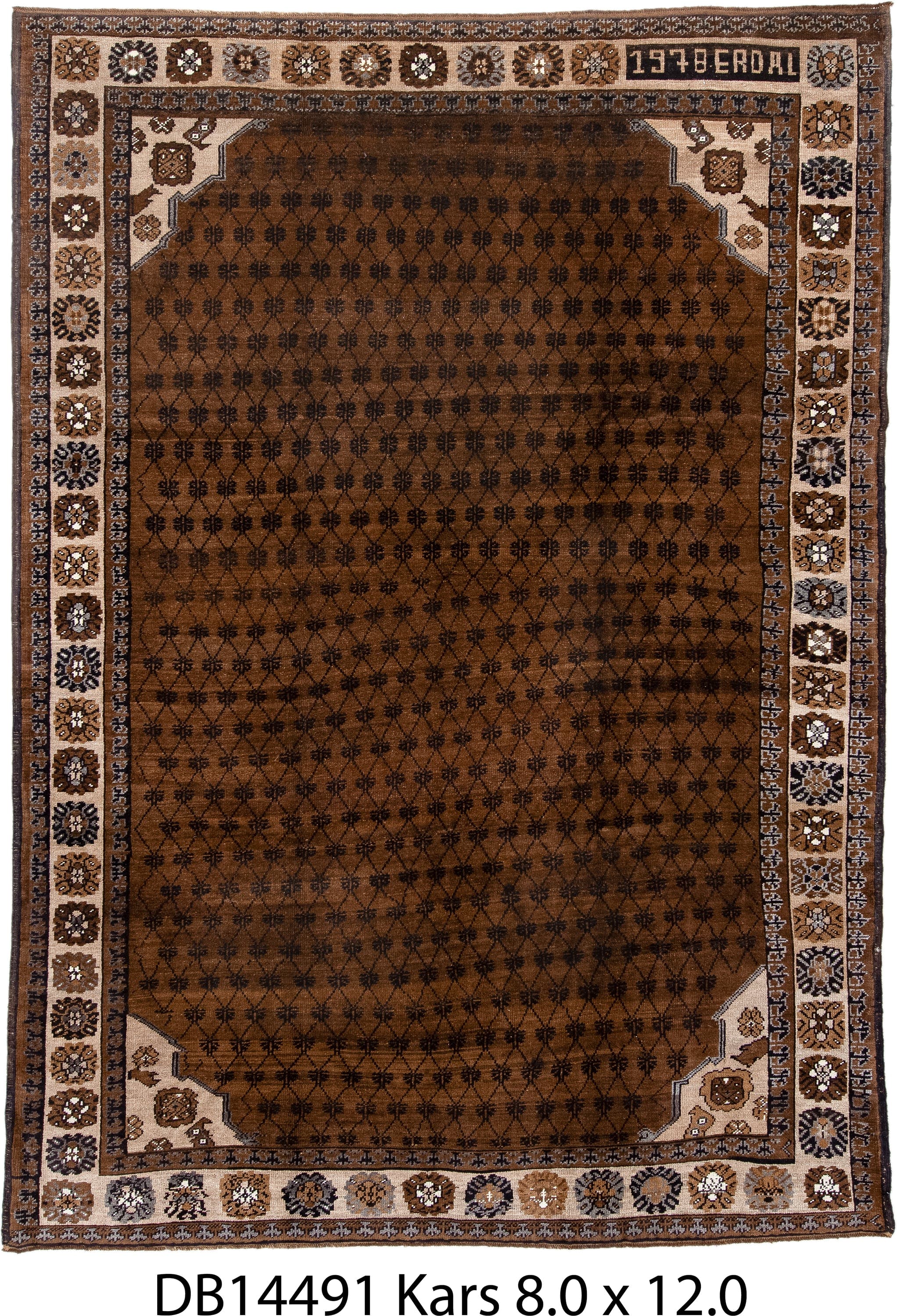 8' x 12' one-of-a-kind handmade antique Kars large size rug. Color palette: brown, ivory, charcoal, taupe, camel, slate