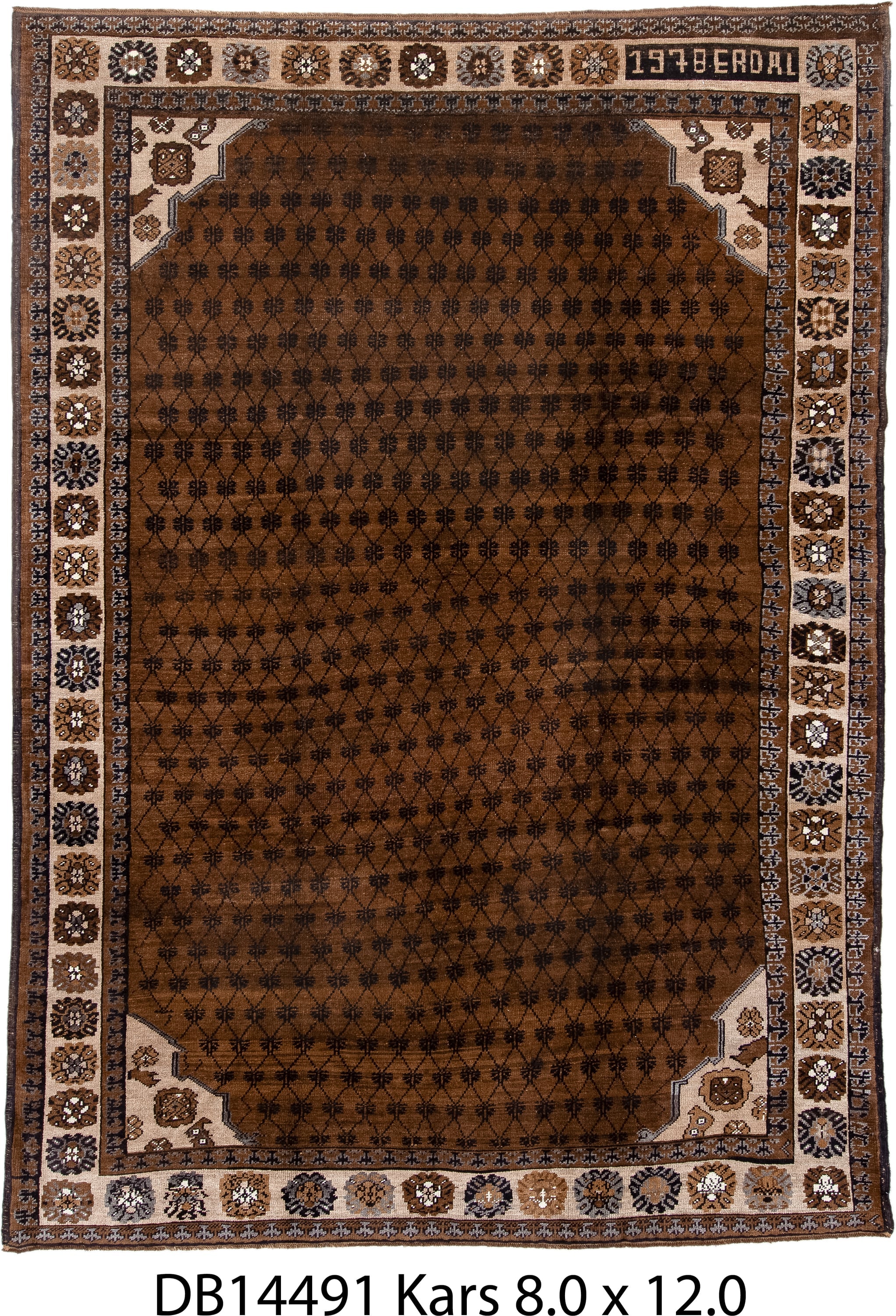 8' x 12' one-of-a-kind handmade antique Kars large size rug. Color palette: brown, ivory, charcoal, taupe, camel, slate