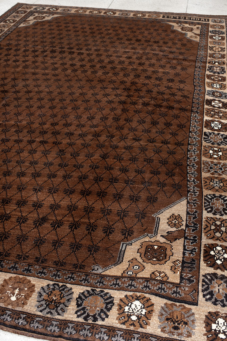 8' x 12' one-of-a-kind handmade antique Kars large size rug. Color palette: brown, ivory, charcoal, taupe, camel, slate