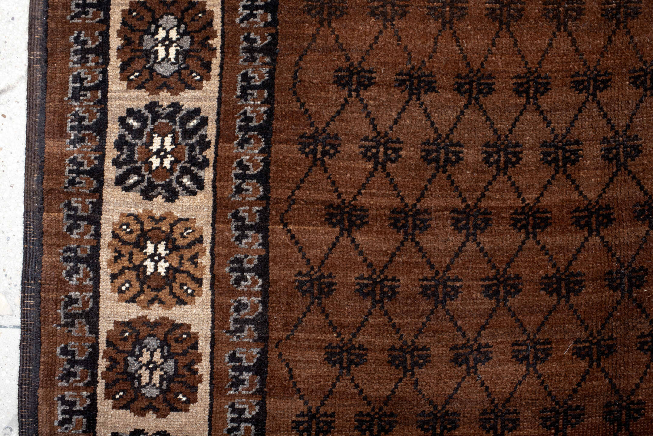 8' x 12' one-of-a-kind handmade antique Kars large size rug. Color palette: brown, ivory, charcoal, taupe, camel, slate