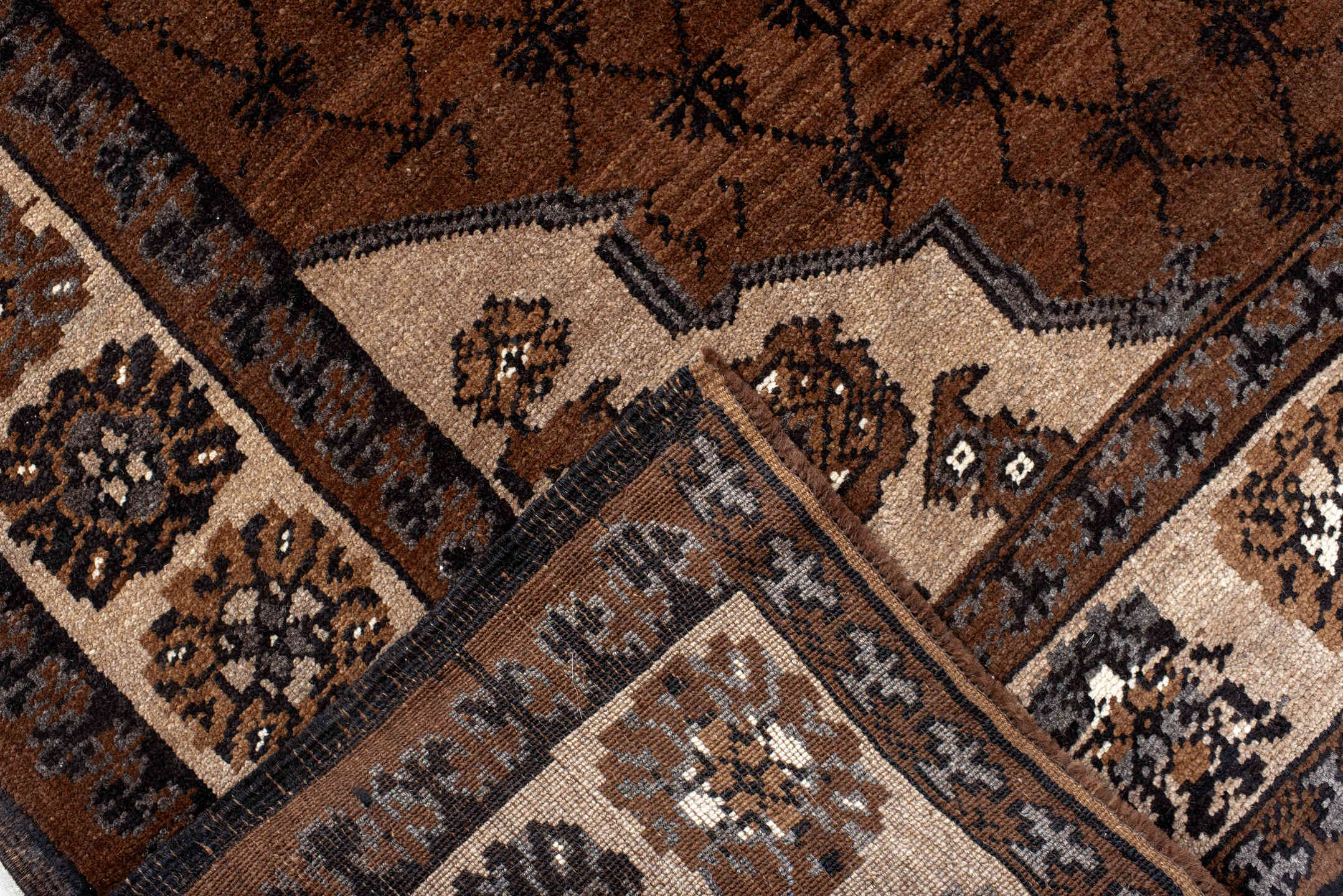 8' x 12' one-of-a-kind handmade vintage Kars large size rug. Color palette: brown, gray, off-white, orange, pink