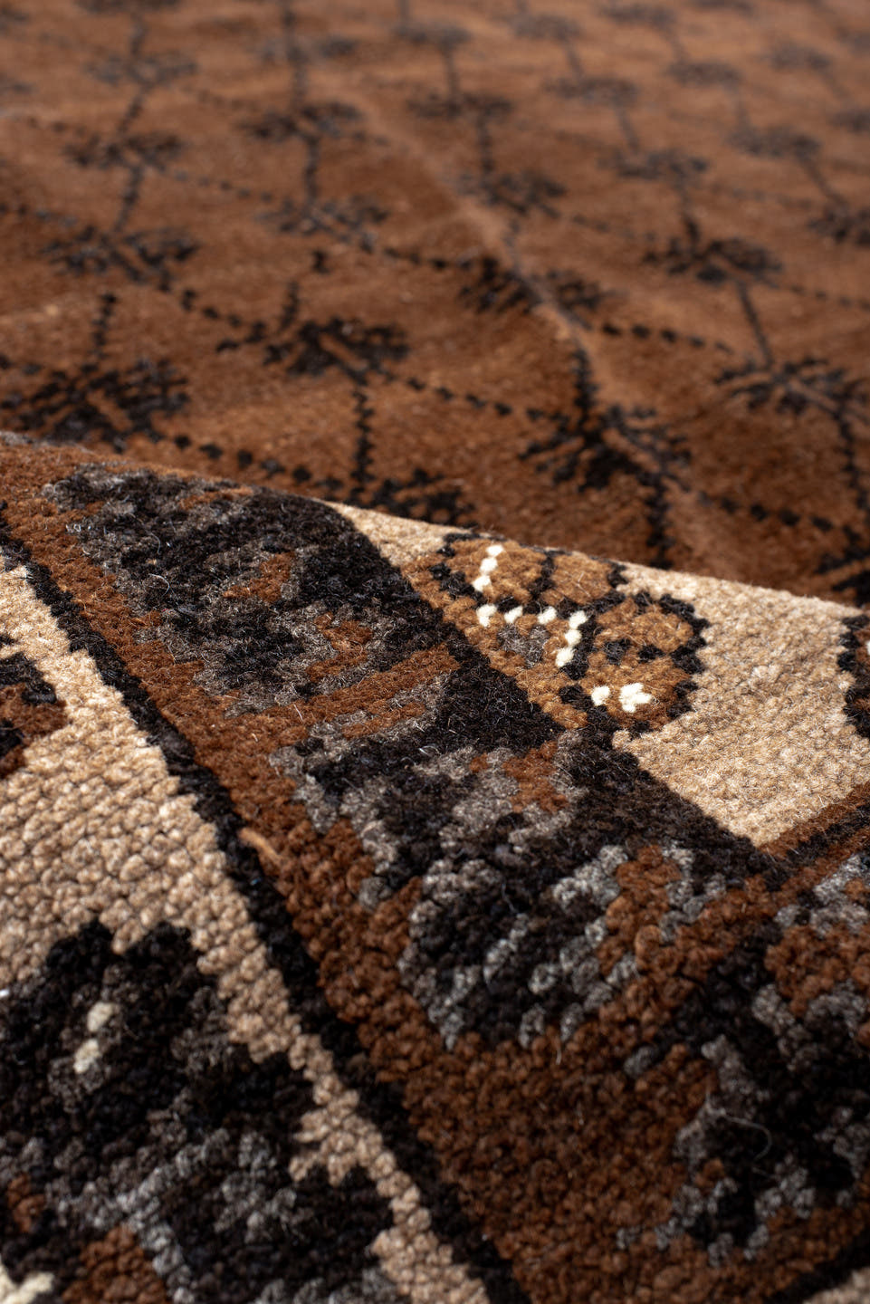 8' x 12' one-of-a-kind handmade antique Kars large size rug. Color palette: brown, ivory, charcoal, taupe, camel, slate