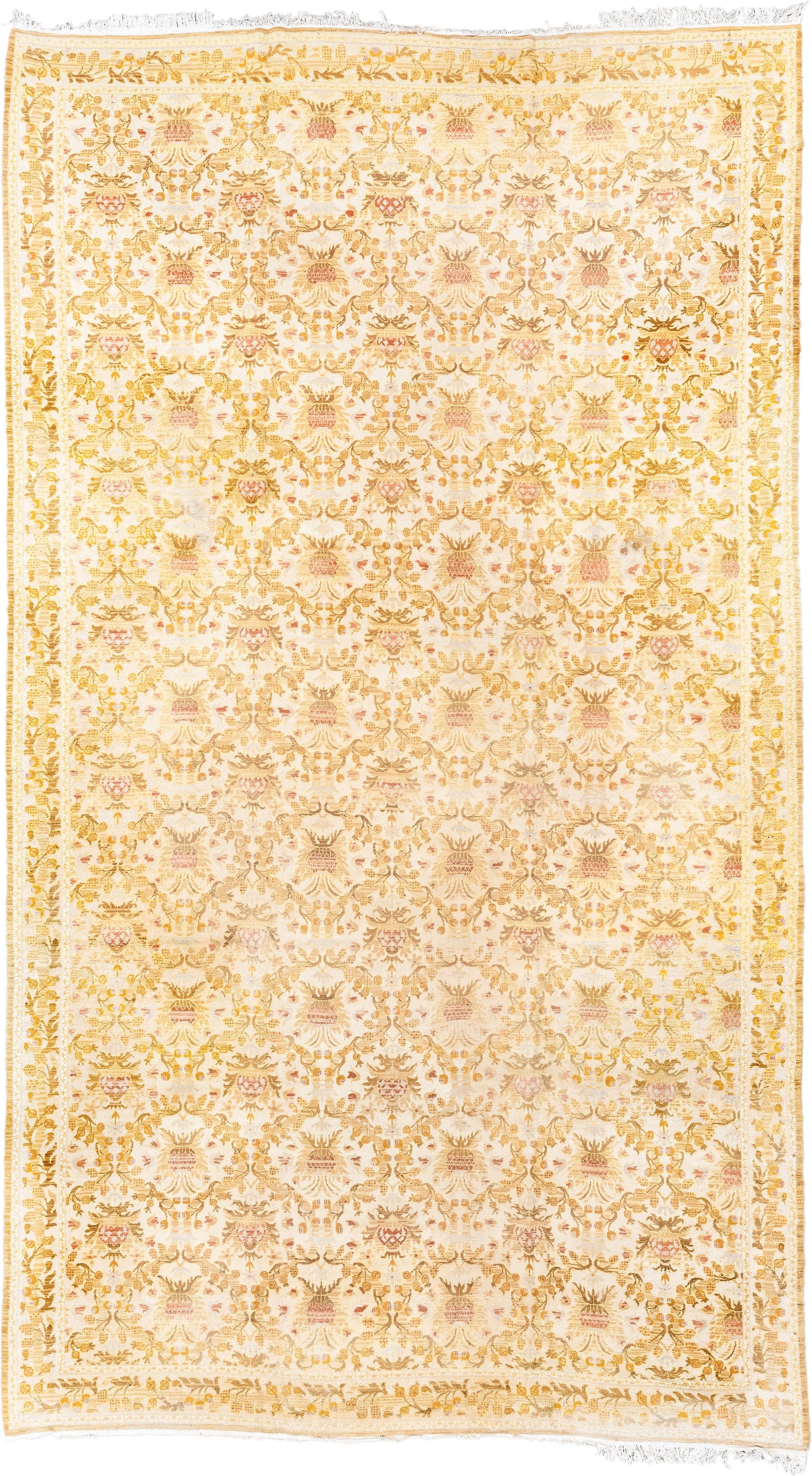 12' x 21' one-of-a-kind handmade vintage Cuenca oversize rug. Color palette: ivory, gold, camel, blush, cream, taupe, beige