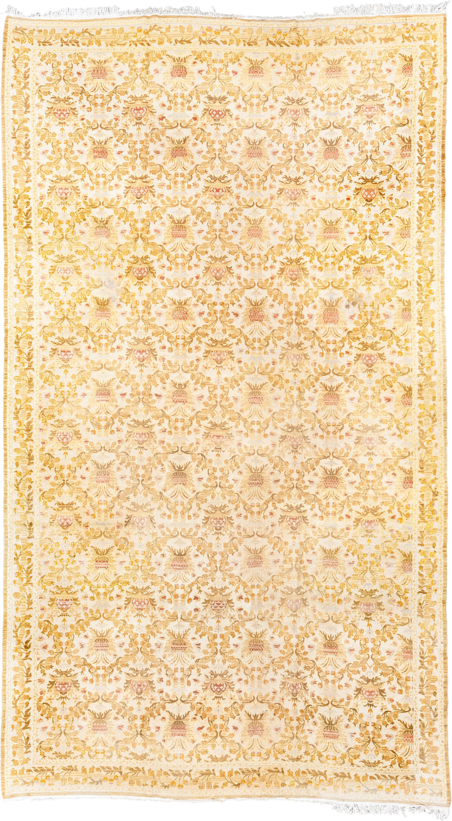 12' x 21' one-of-a-kind handmade vintage Cuenca oversize rug. Color palette: ivory, gold, camel, blush, cream, taupe, beige