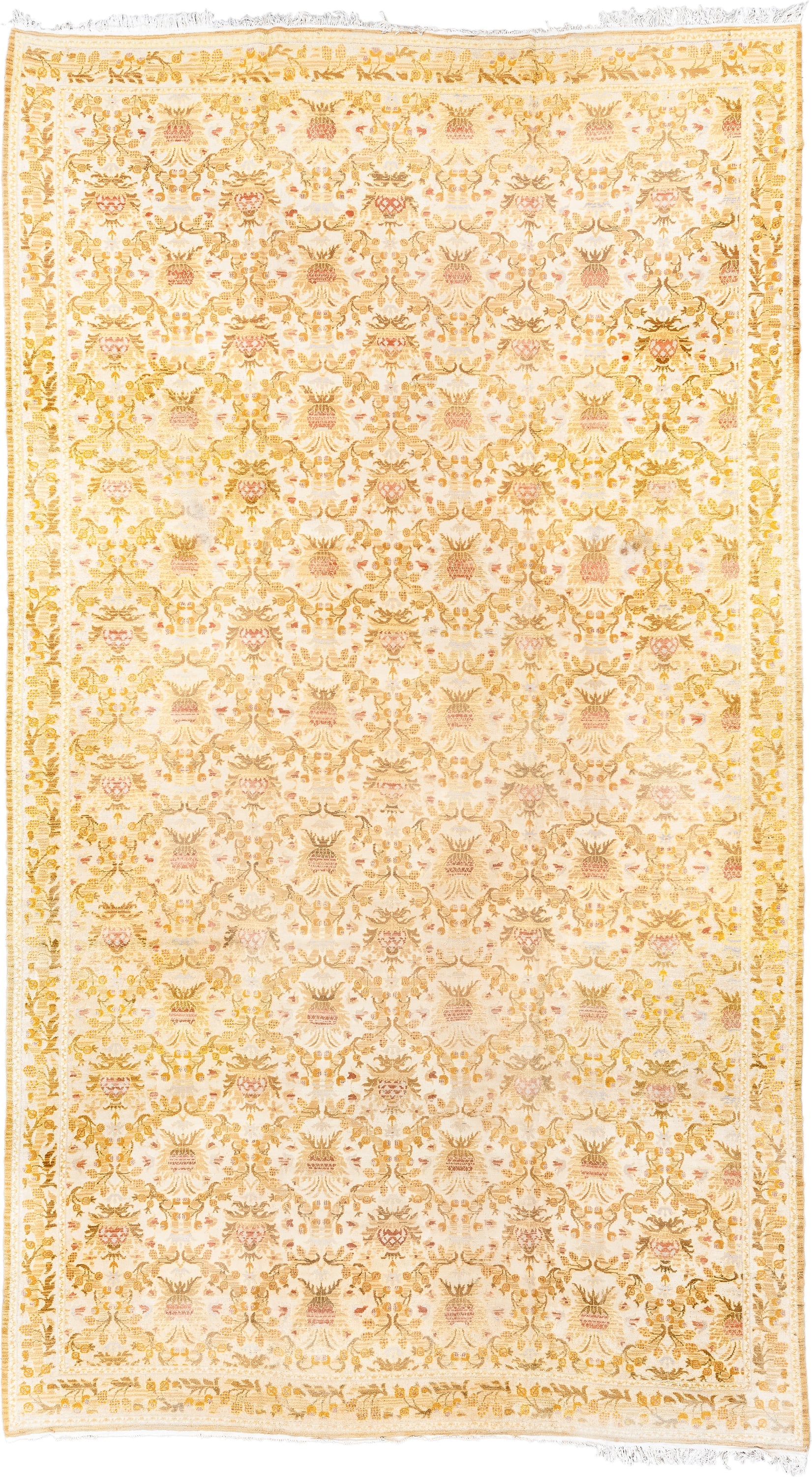 12' x 21' one-of-a-kind handmade vintage Cuenca oversize rug. Color palette: ivory, gold, camel, blush, cream, taupe, beige