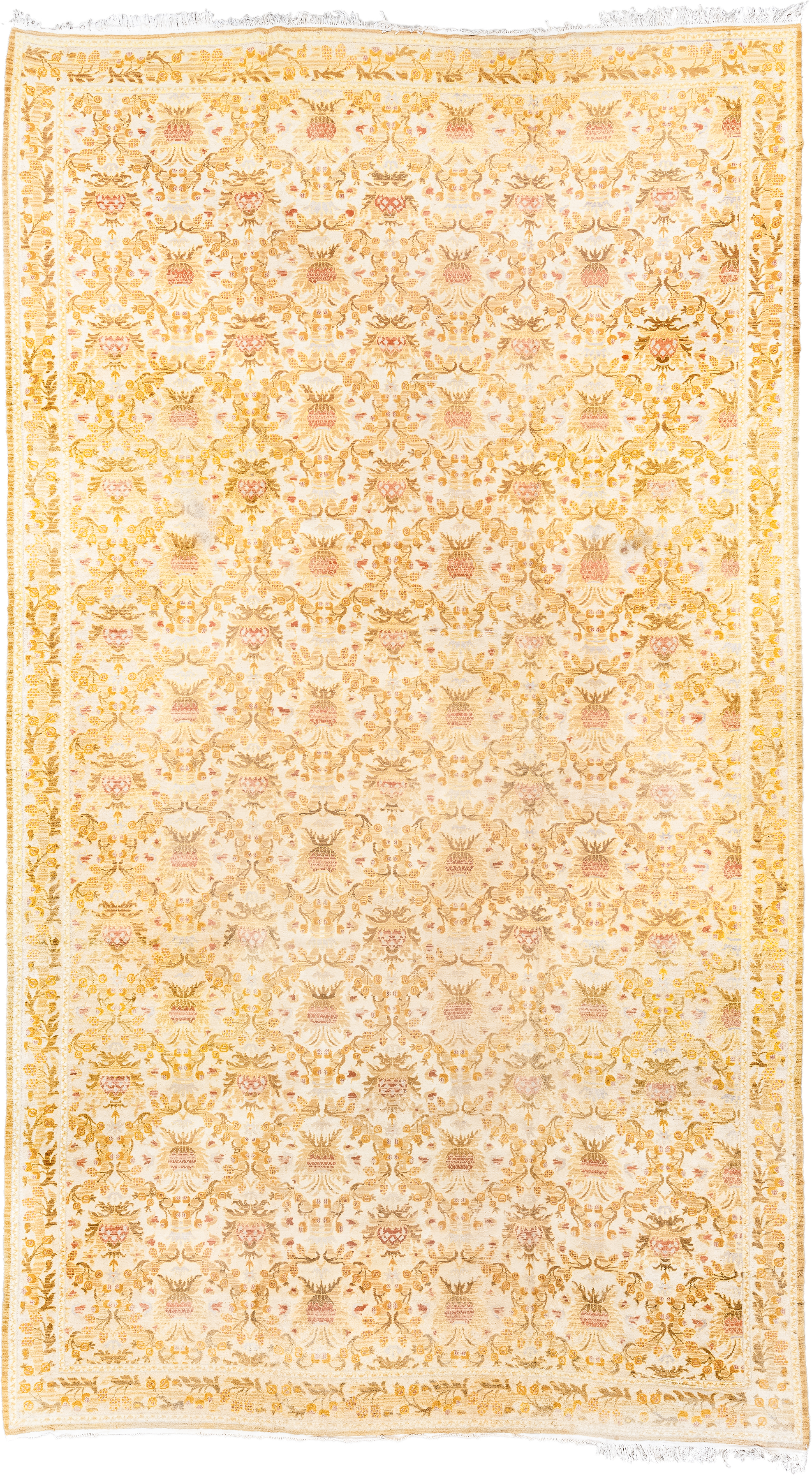 12' x 21' one-of-a-kind handmade vintage Cuenca oversize rug. Color palette: ivory, gold, camel, blush, cream, taupe, beige