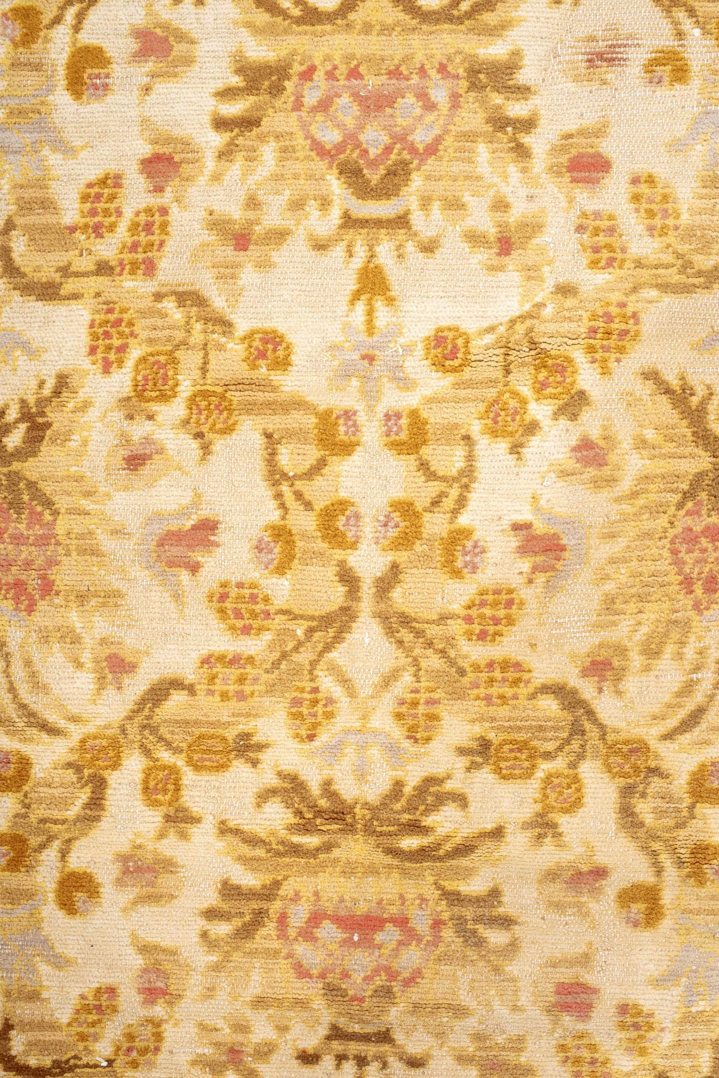12' x 21' one-of-a-kind handmade vintage Cuenca oversize rug. Color palette: ivory, gold, camel, blush, cream, taupe, beige