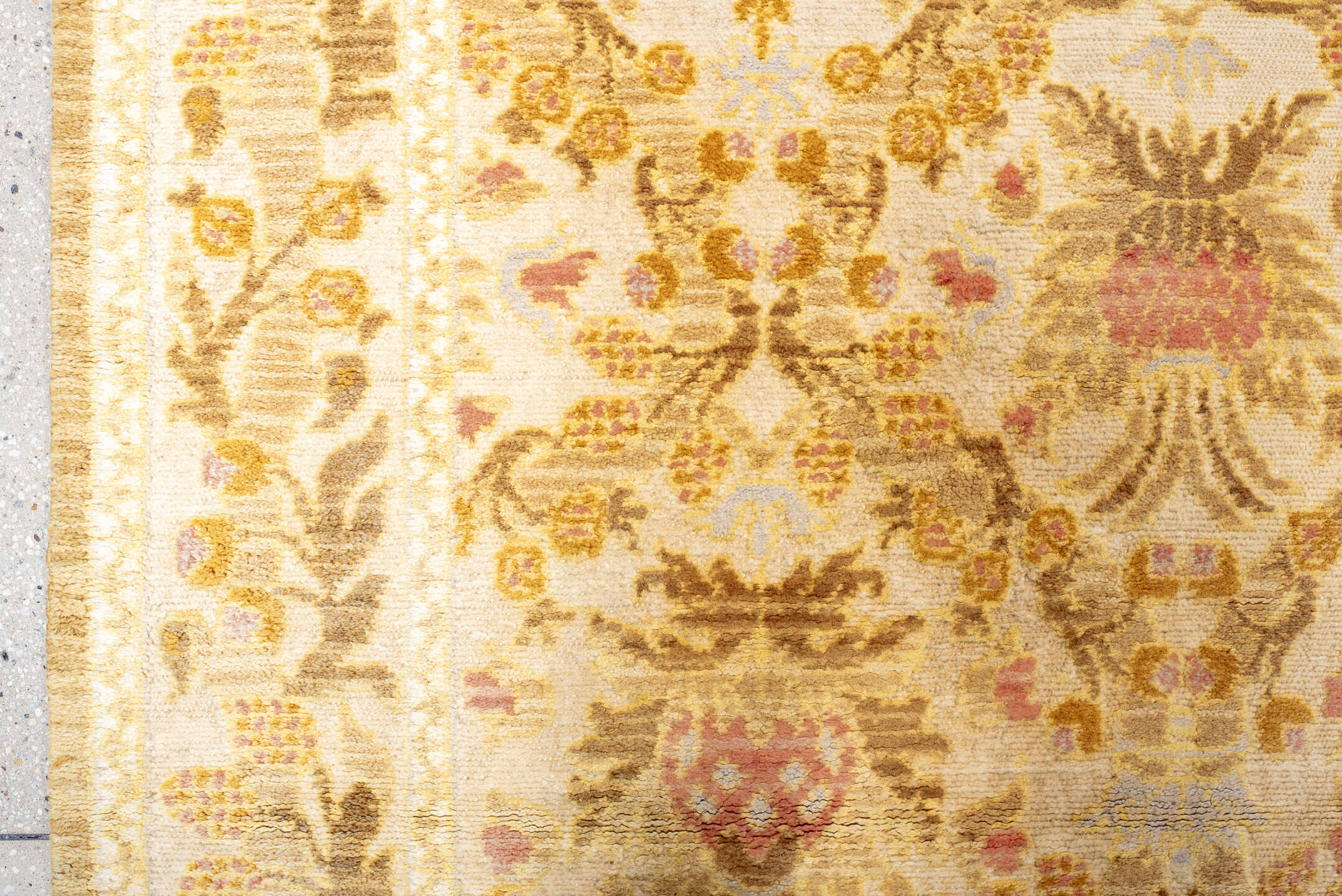 12' x 21' one-of-a-kind handmade vintage Cuenca oversize rug. Color palette: ivory, gold, camel, blush, cream, taupe, beige