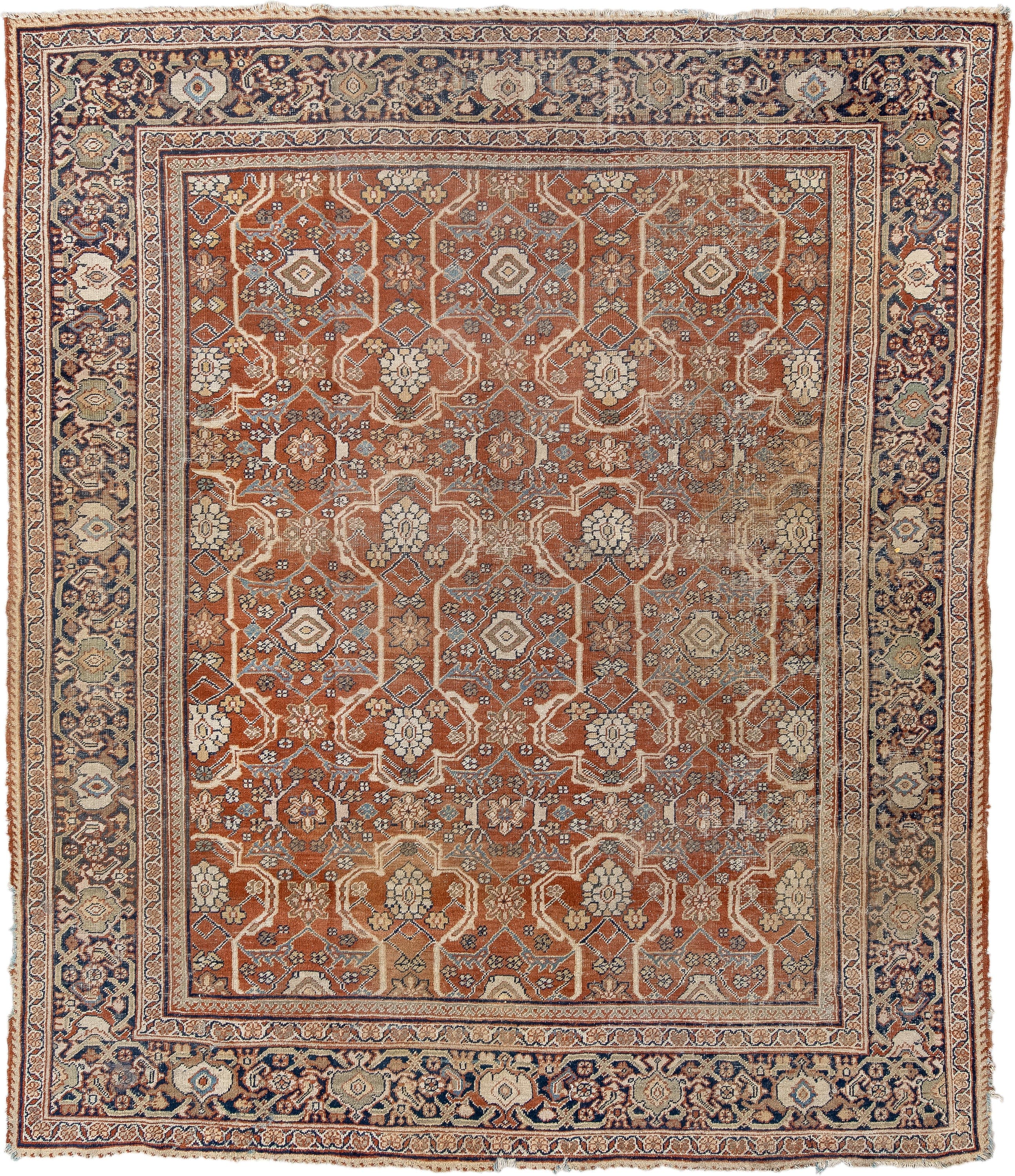 9' x 11' one-of-a-kind handmade vintage Mahal large size rug. Color palette: terra cotta, navy, ivory, camel, taupe, slate