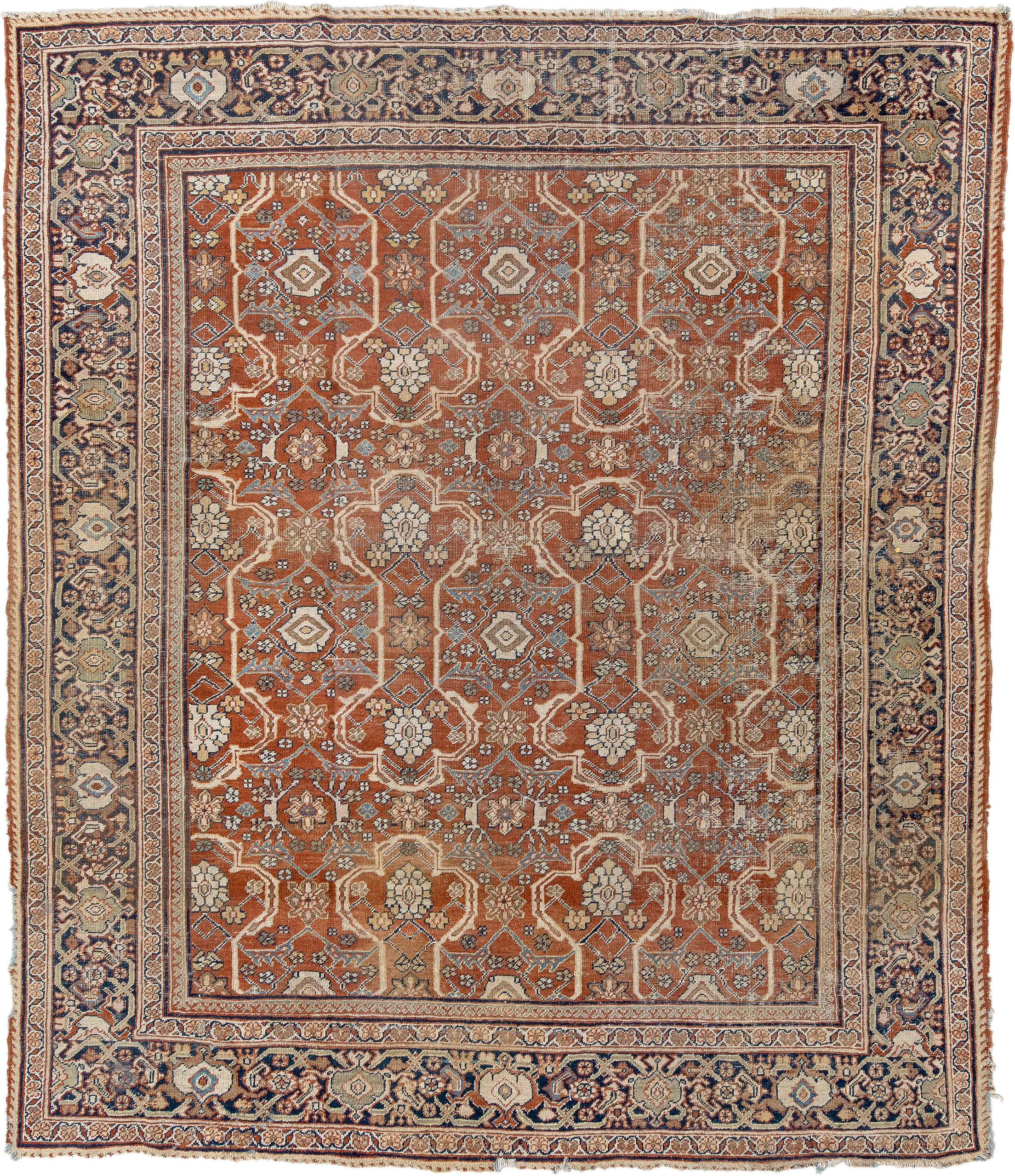 9' x 11' one-of-a-kind handmade vintage Mahal large size rug. Color palette: terra cotta, navy, ivory, camel, taupe, slate