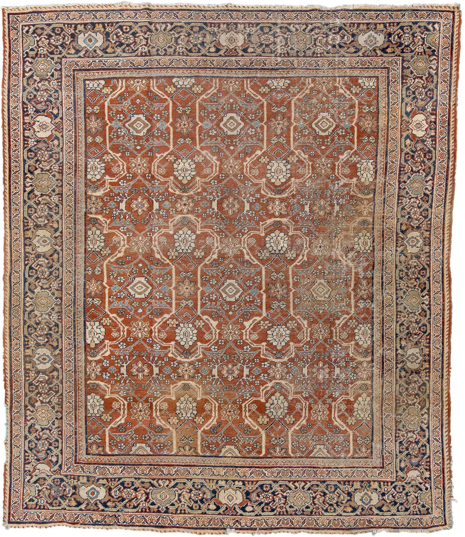 9' x 11' one-of-a-kind handmade vintage Mahal large size rug. Color palette: terra cotta, navy, ivory, camel, taupe, slate