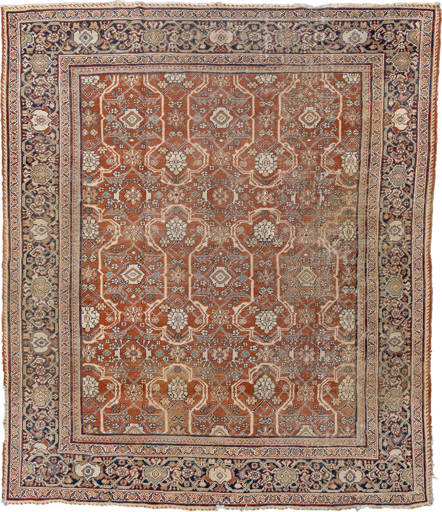9' x 11' one-of-a-kind handmade vintage Mahal large size rug. Color palette: black, blue, brown, dim gray, gray, light gray