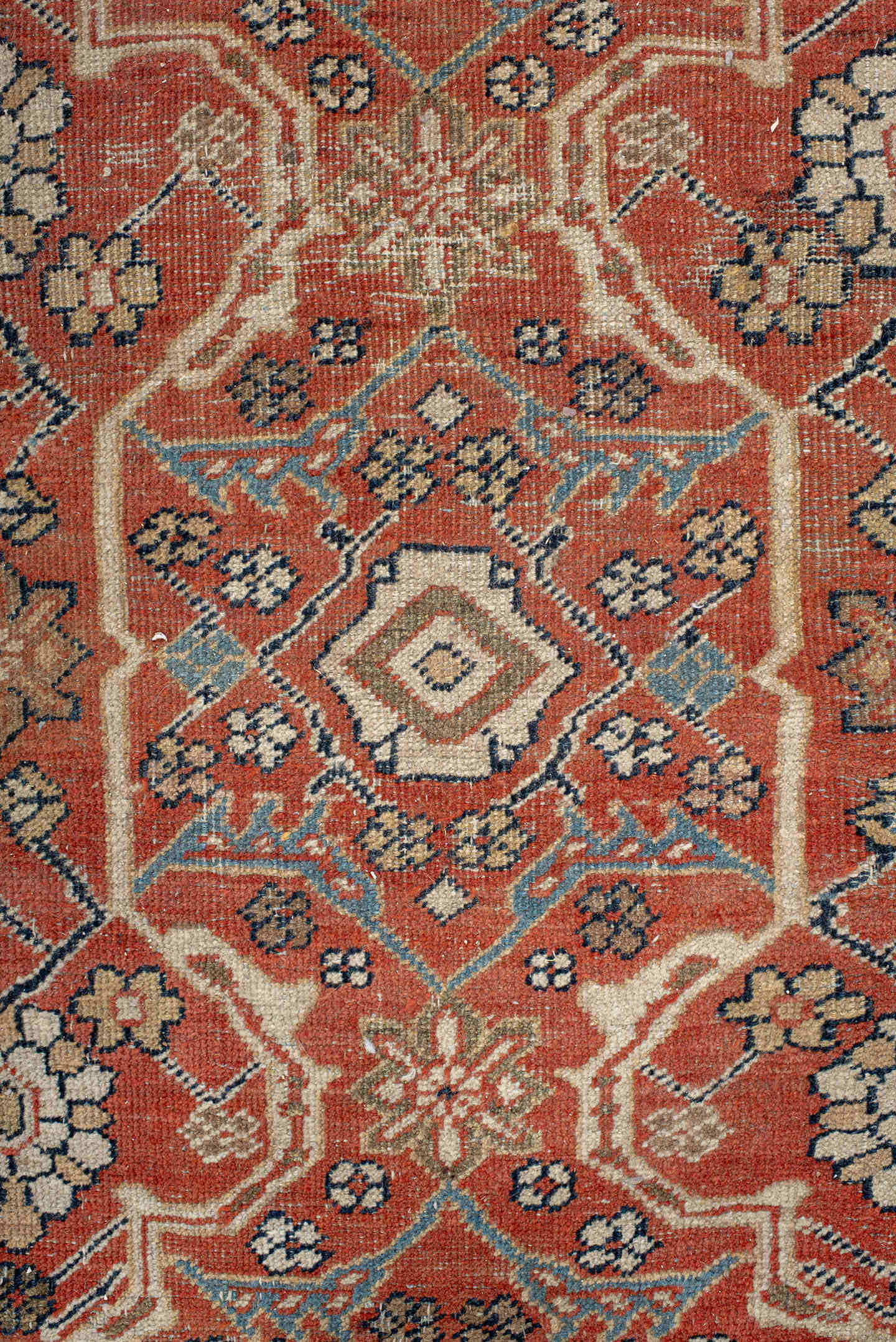 9' x 11' one-of-a-kind handmade vintage Mahal large size rug. Color palette: terra cotta, navy, ivory, camel, taupe, slate