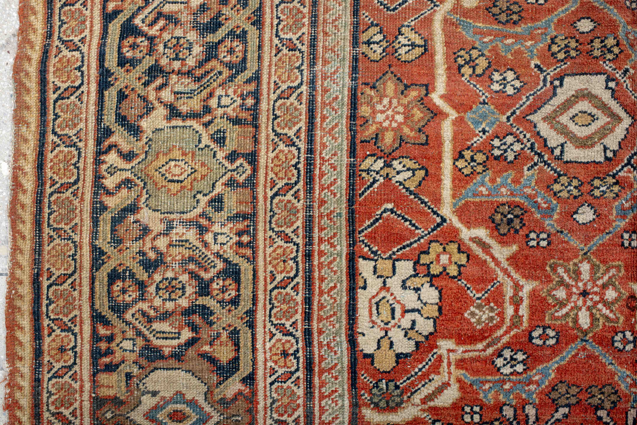9' x 11' one-of-a-kind handmade vintage Mahal large size rug. Color palette: terra cotta, navy, ivory, camel, taupe, slate
