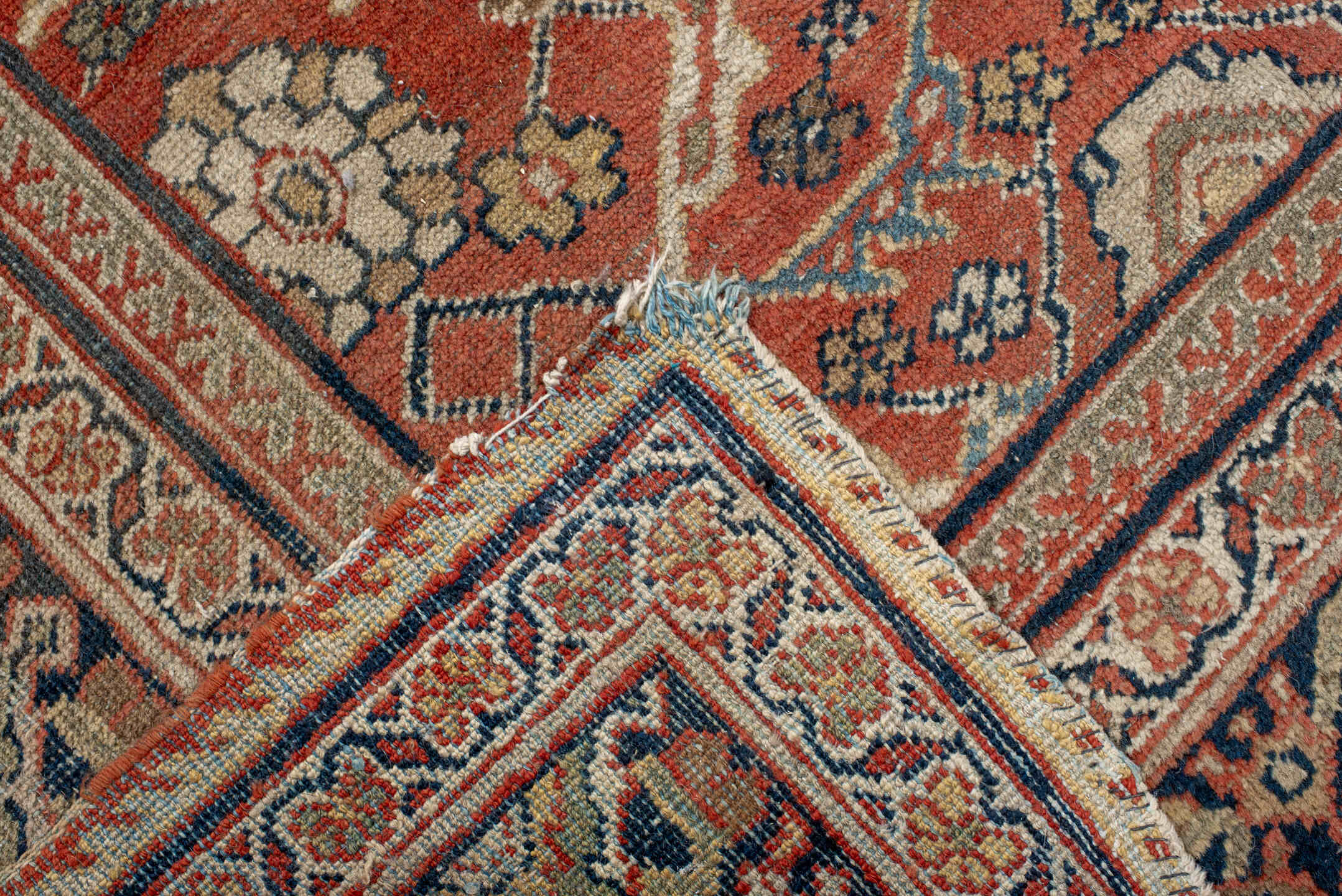 9' x 11' one-of-a-kind handmade vintage Mahal large size rug. Color palette: terra cotta, navy, ivory, camel, taupe, slate