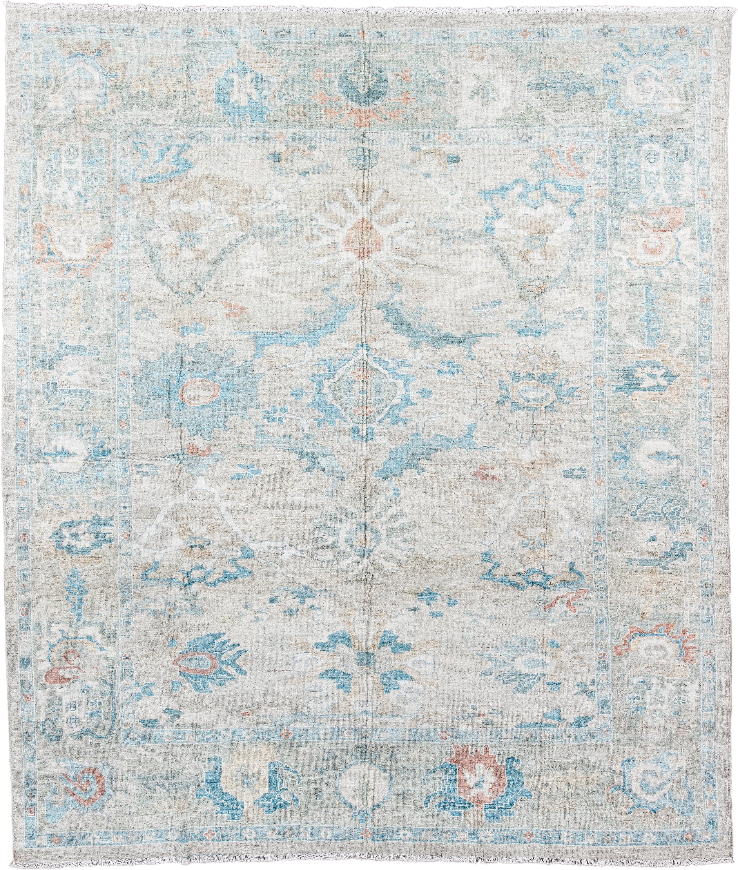 10' x 11' one-of-a-kind handmade vintage Sultanabad large size rug. Color palette: ivory, sky_blue, aqua, blush, taupe