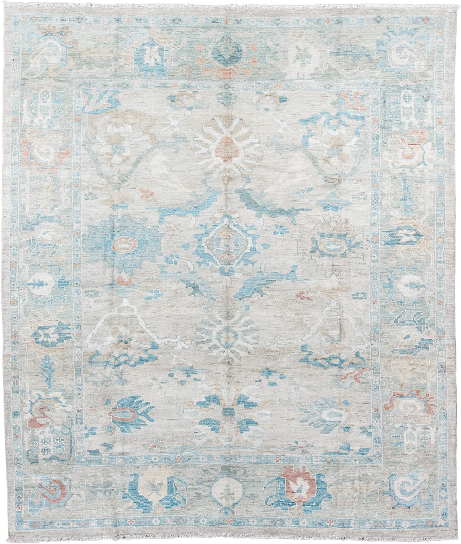 10' x 11' one-of-a-kind handmade vintage Sultanabad large size rug. Color palette: ivory, sky_blue, aqua, blush, taupe