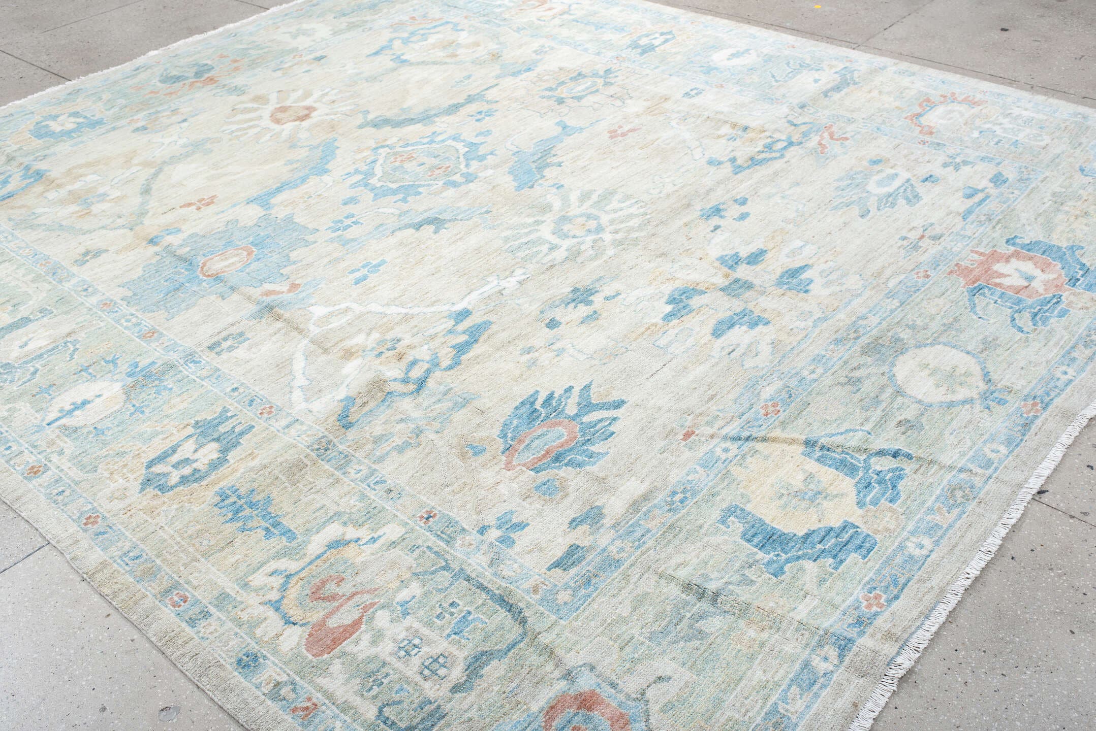 10' x 11' one-of-a-kind handmade vintage Sultanabad large size rug. Color palette: ivory, sky_blue, aqua, blush, taupe