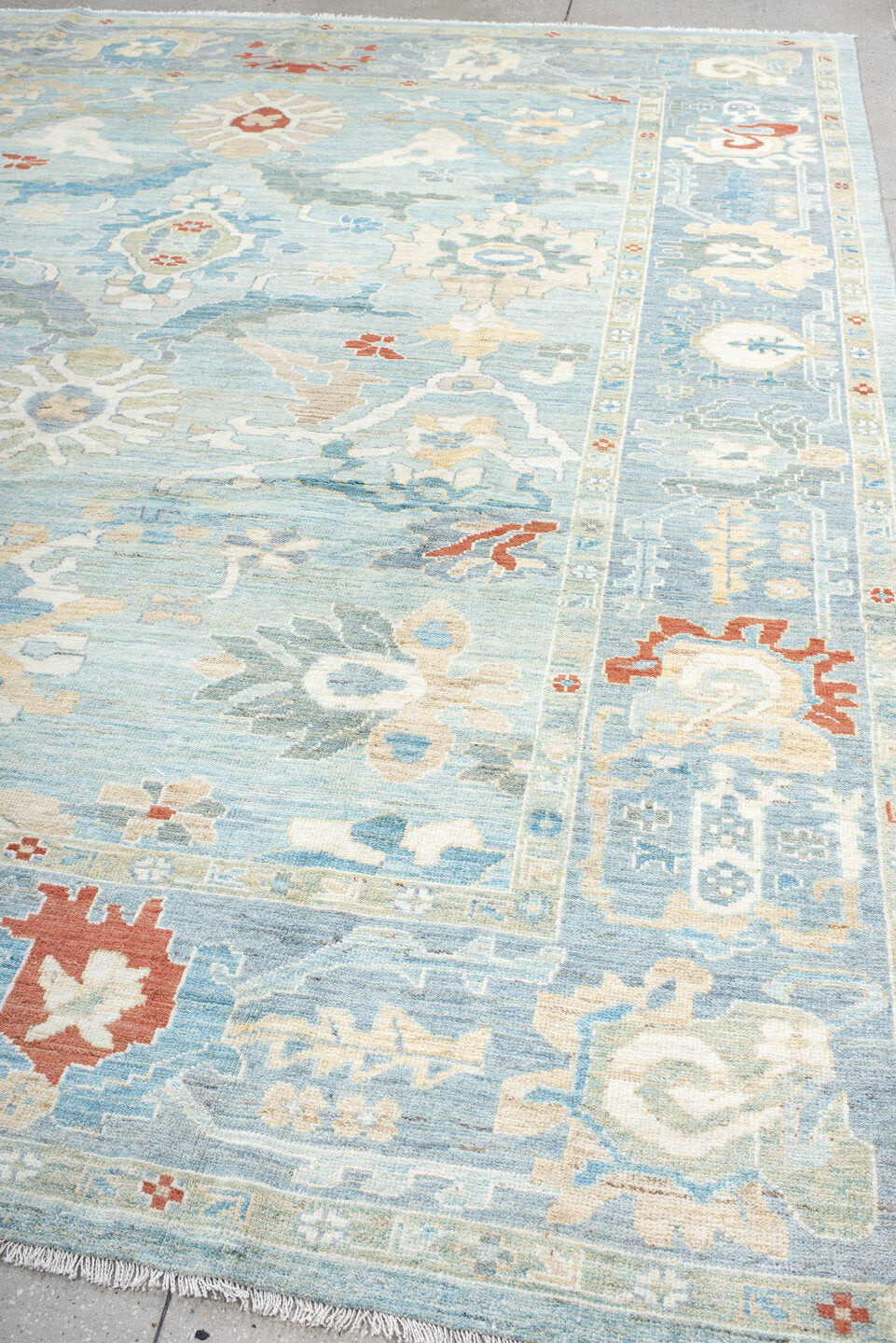 10' x 11' one-of-a-kind handmade vintage Sultanabad large size rug. Color palette: blue, brown, gray, light blue, light gray