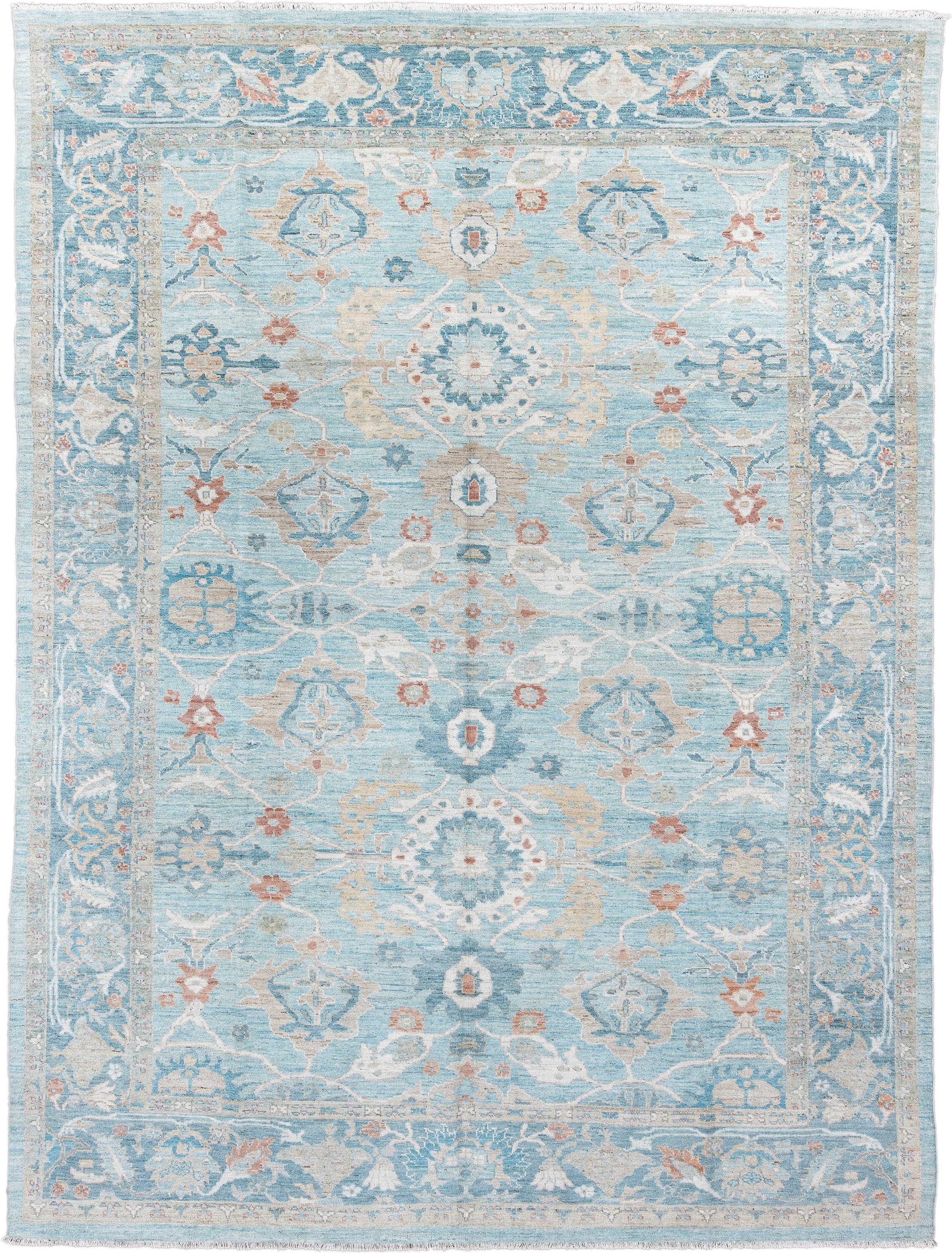 10' x 13' one-of-a-kind handmade vintage Sultanabad large size rug. Color palette: light blue, ivory, beige, sky blue, rust
