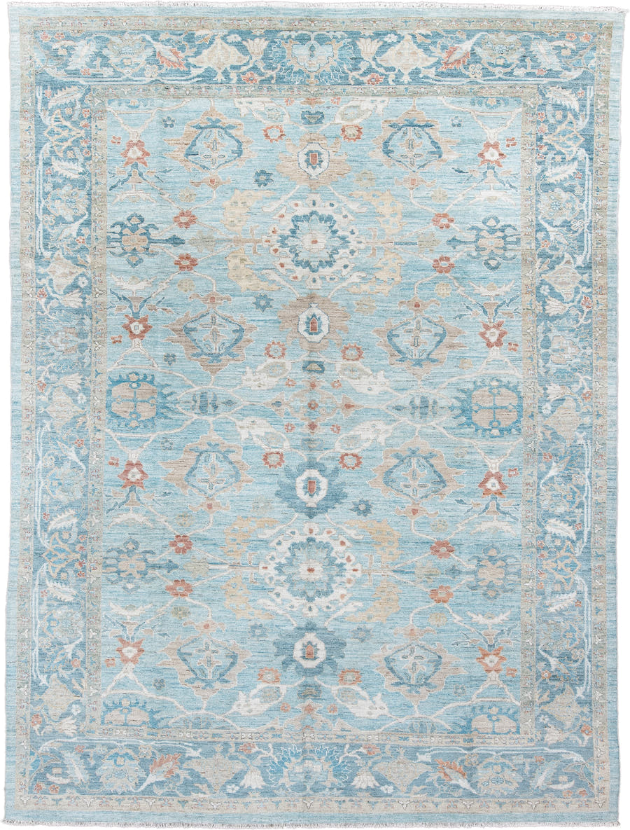 10' x 13' one-of-a-kind handmade vintage Sultanabad large size rug. Color palette: light blue, ivory, beige, sky blue, rust