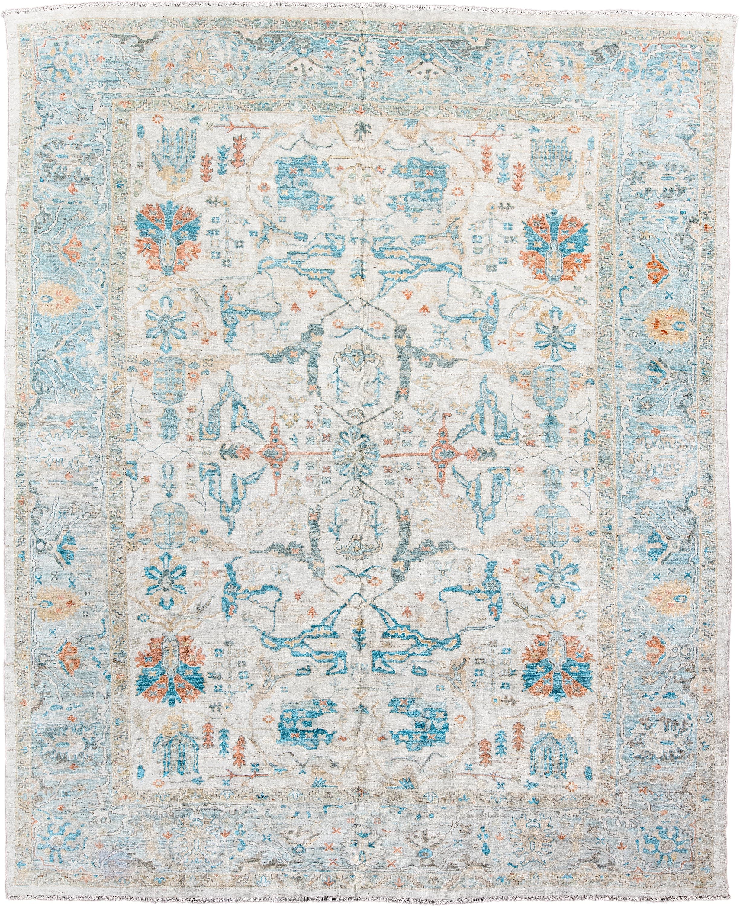 12' x 15' one-of-a-kind handmade vintage Sultanabad oversize rug. Color palette: ivory, sky_blue, aqua, taupe, coral, beige