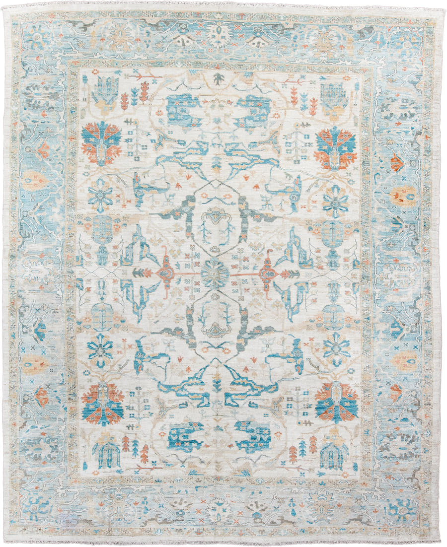 12' x 15' one-of-a-kind handmade vintage Sultanabad oversize rug. Color palette: ivory, sky_blue, aqua, taupe, coral, beige