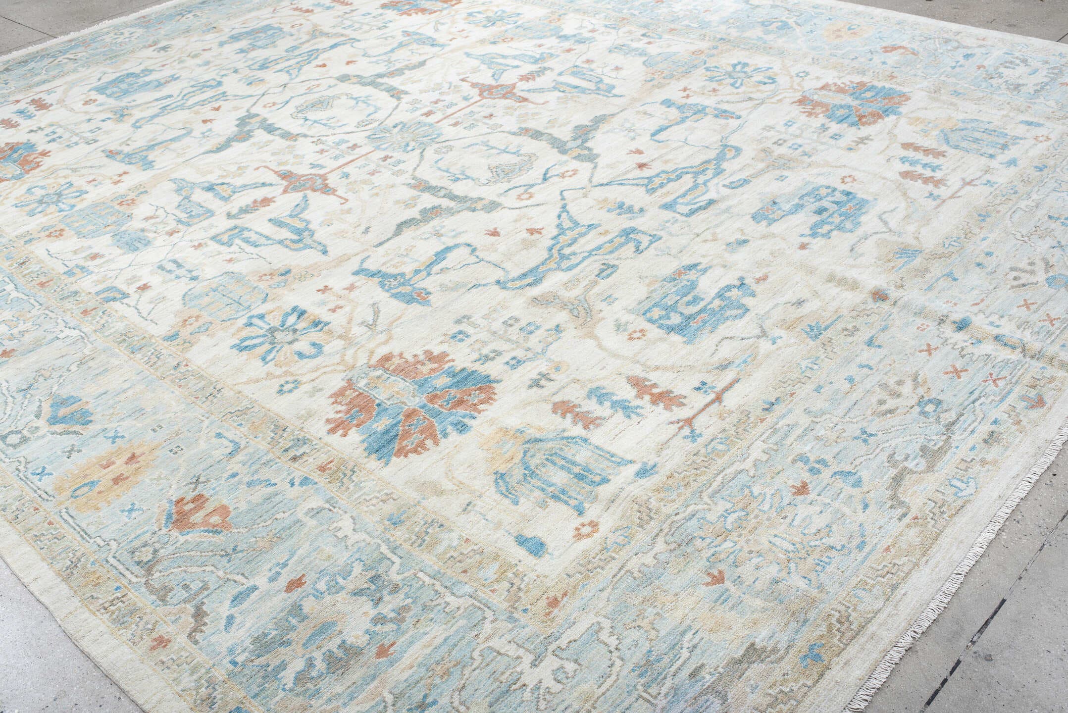 12' x 15' one-of-a-kind handmade vintage Sultanabad oversize rug. Color palette: ivory, sky_blue, aqua, taupe, coral, beige
