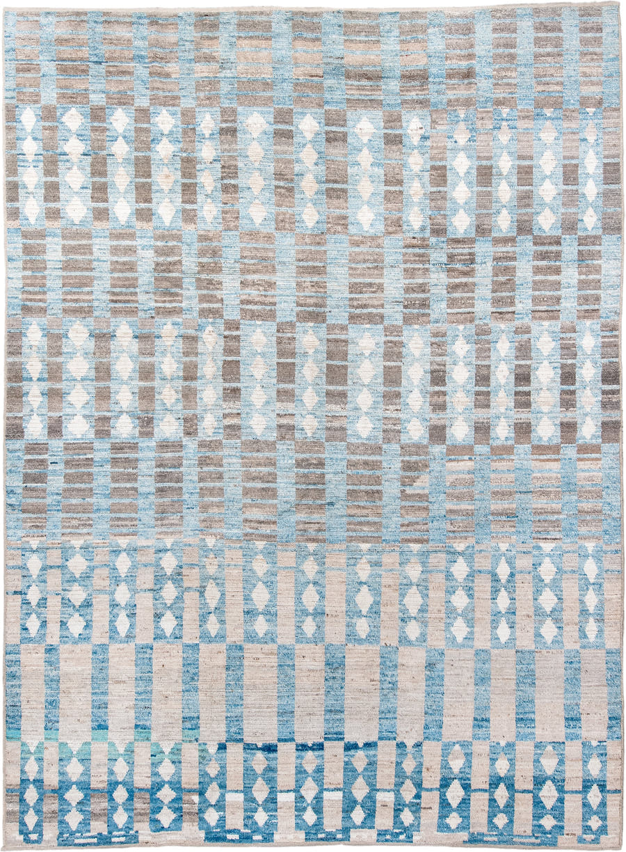 10' x 13' one-of-a-kind handmade vintage Tulu large size rug. Color palette: ivory, sky blue, taupe, gray, light blue, beige