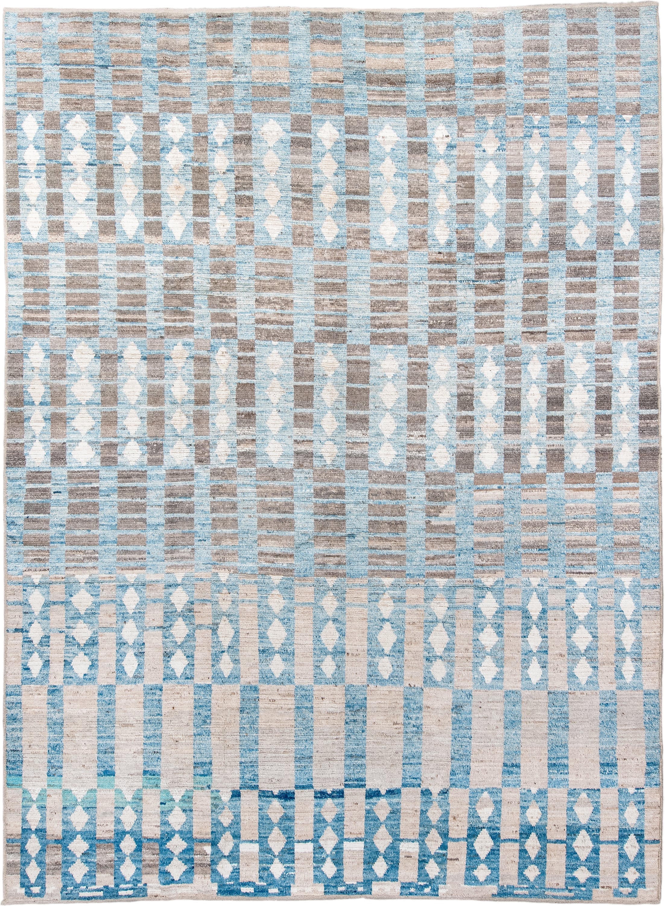 10' x 13' one-of-a-kind handmade vintage Tulu large size rug. Color palette: ivory, sky blue, taupe, gray, light blue, beige