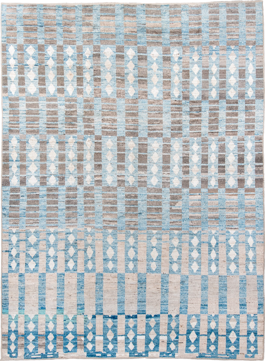 10' x 13' one-of-a-kind handmade vintage Tulu large size rug. Color palette: ivory, sky blue, taupe, gray, light blue, beige