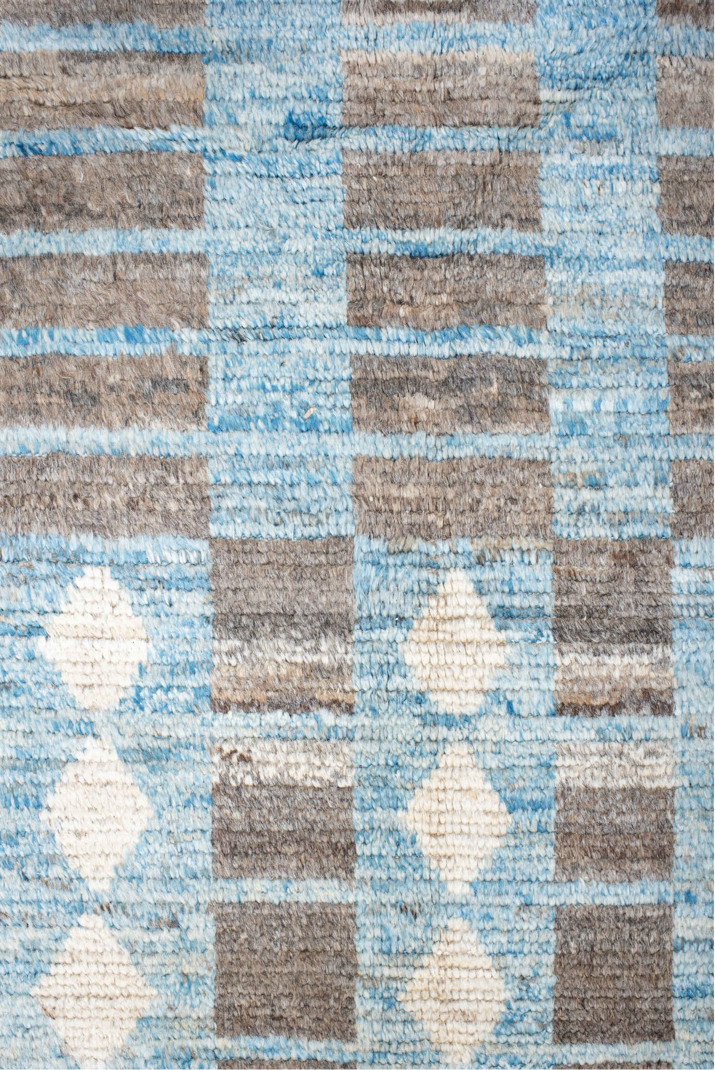 10' x 13' one-of-a-kind handmade vintage Tulu large size rug. Color palette: ivory, sky blue, taupe, gray, light blue, beige