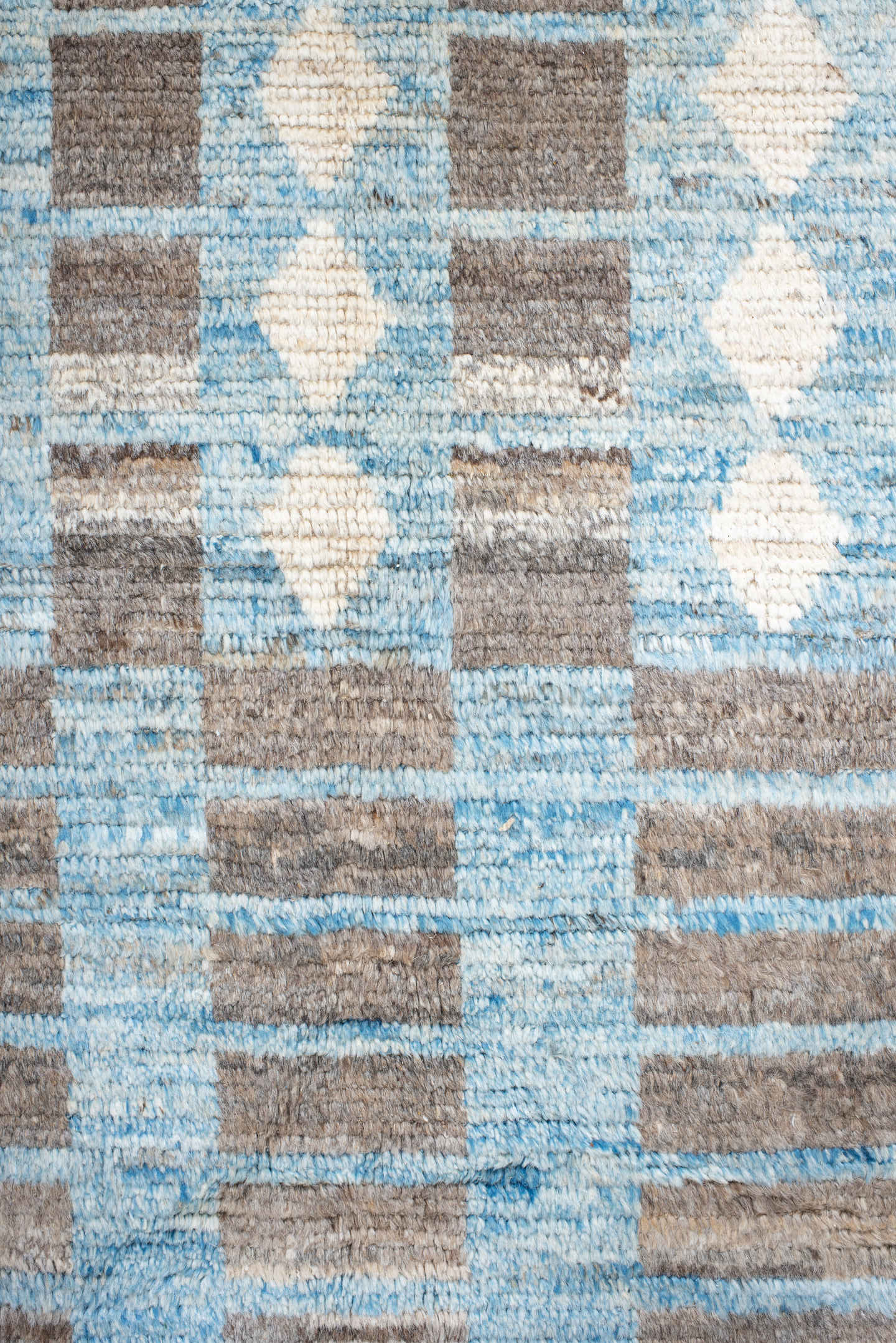 10' x 13' one-of-a-kind handmade vintage Tulu large size rug. Color palette: ivory, sky blue, taupe, gray, light blue, beige