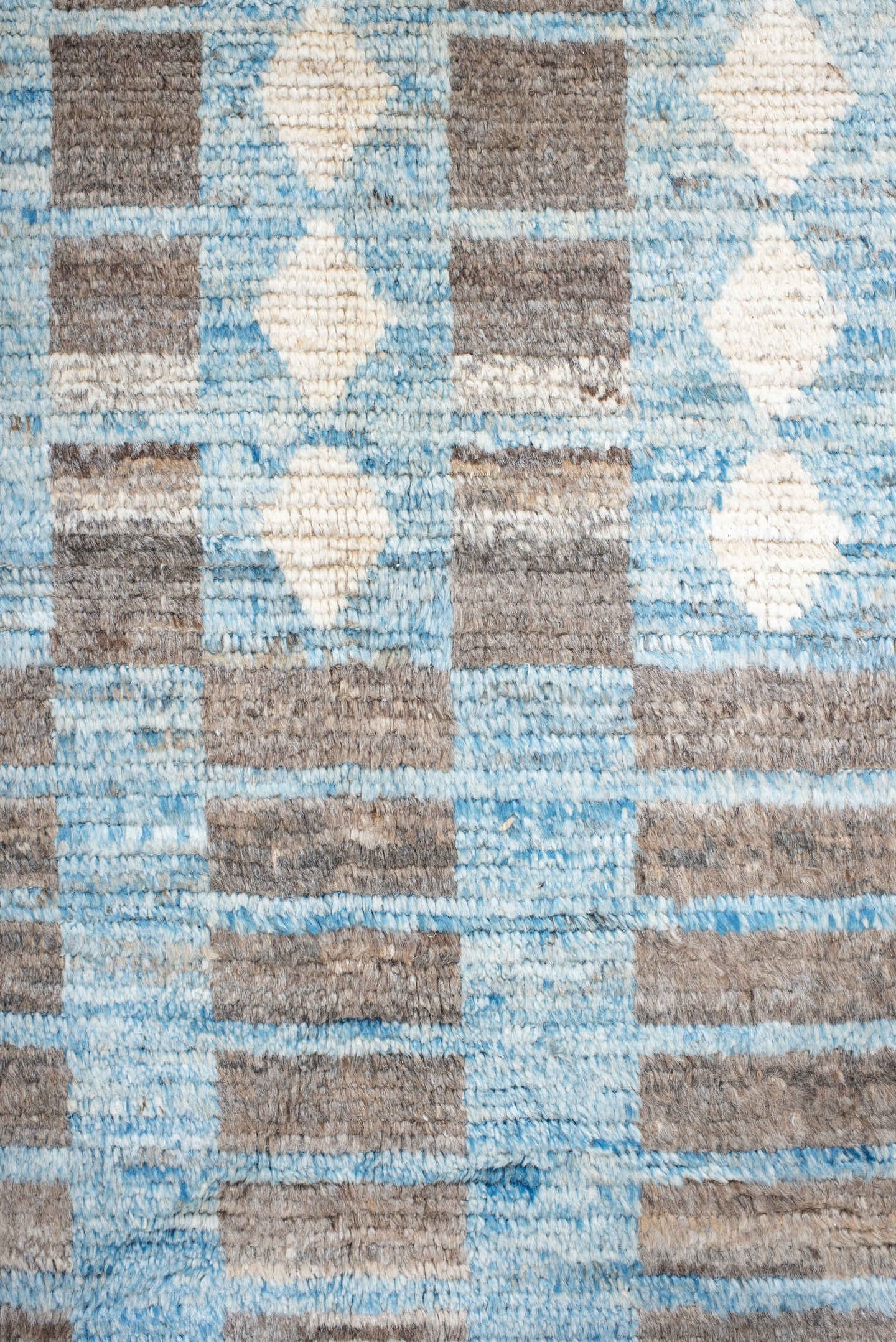 10' x 13' one-of-a-kind handmade vintage Tulu large size rug. Color palette: ivory, sky blue, taupe, gray, light blue, beige