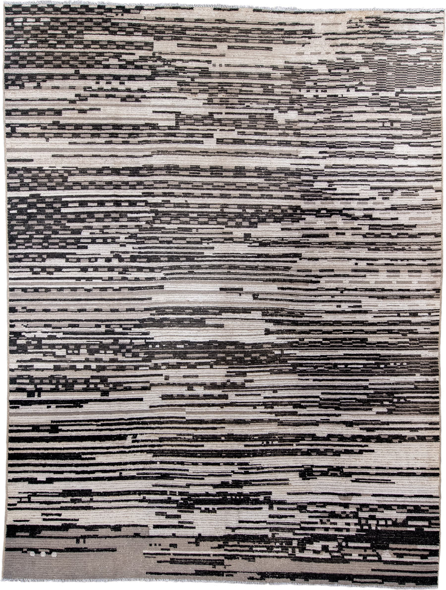 10' x 13' one-of-a-kind handmade vintage Tulu large size rug. Color palette: ivory, charcoal, gray, black, taupe, beige