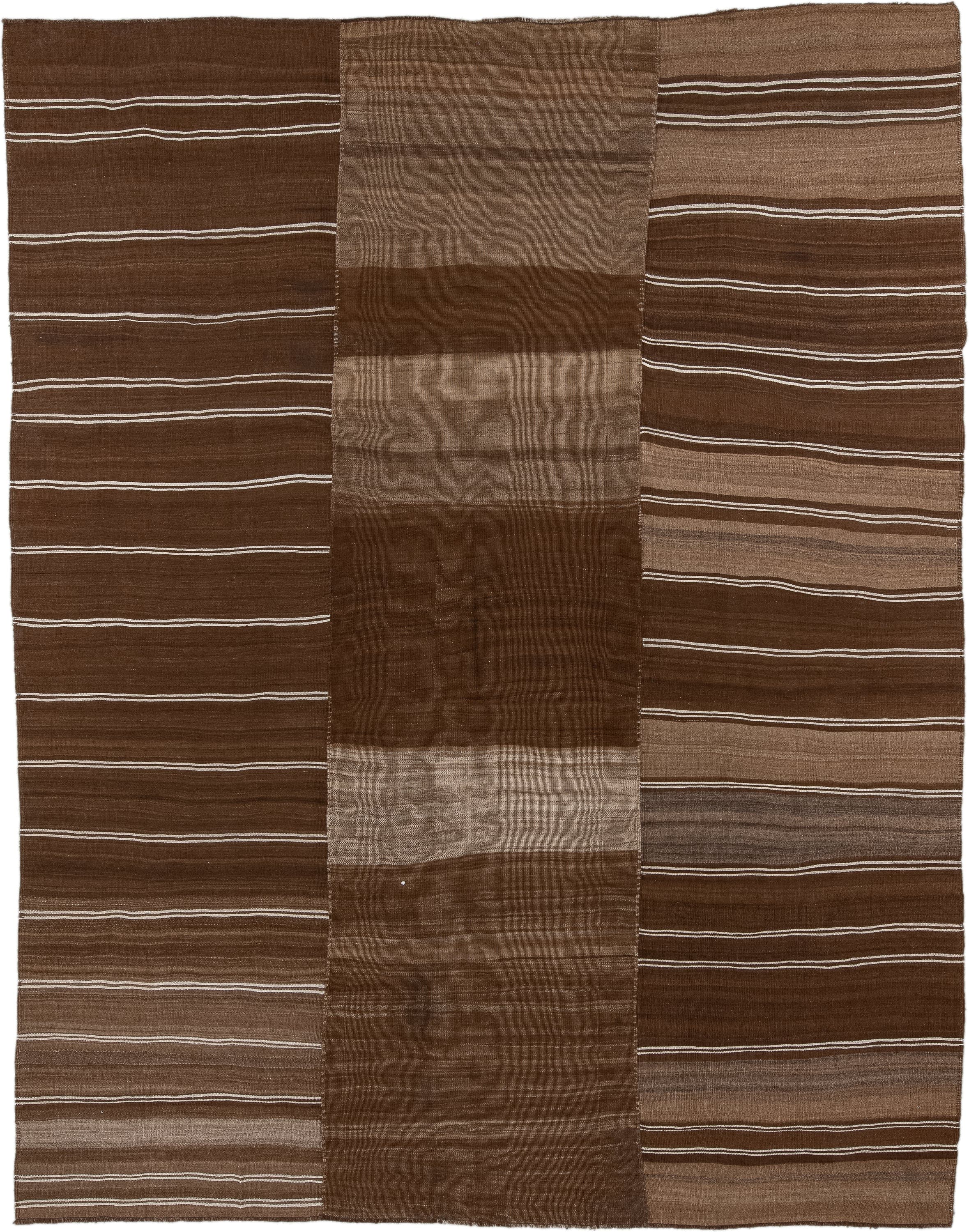 9' x 12' one-of-a-kind handmade vintage Kilim large size rug. Color palette: brown, taupe, camel, ivory, beige, gray