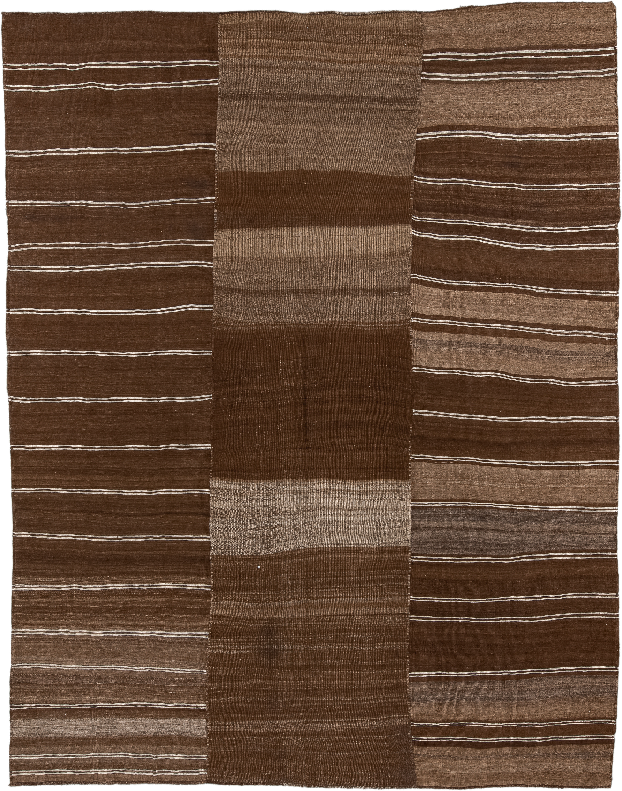9' x 12' one-of-a-kind handmade vintage Kilim large size rug. Color palette: brown, taupe, camel, ivory, beige, gray