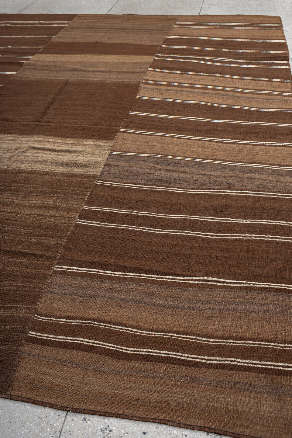 9' x 12' one-of-a-kind handmade vintage Kilim large size rug. Color palette: brown, taupe, camel, ivory, beige, gray