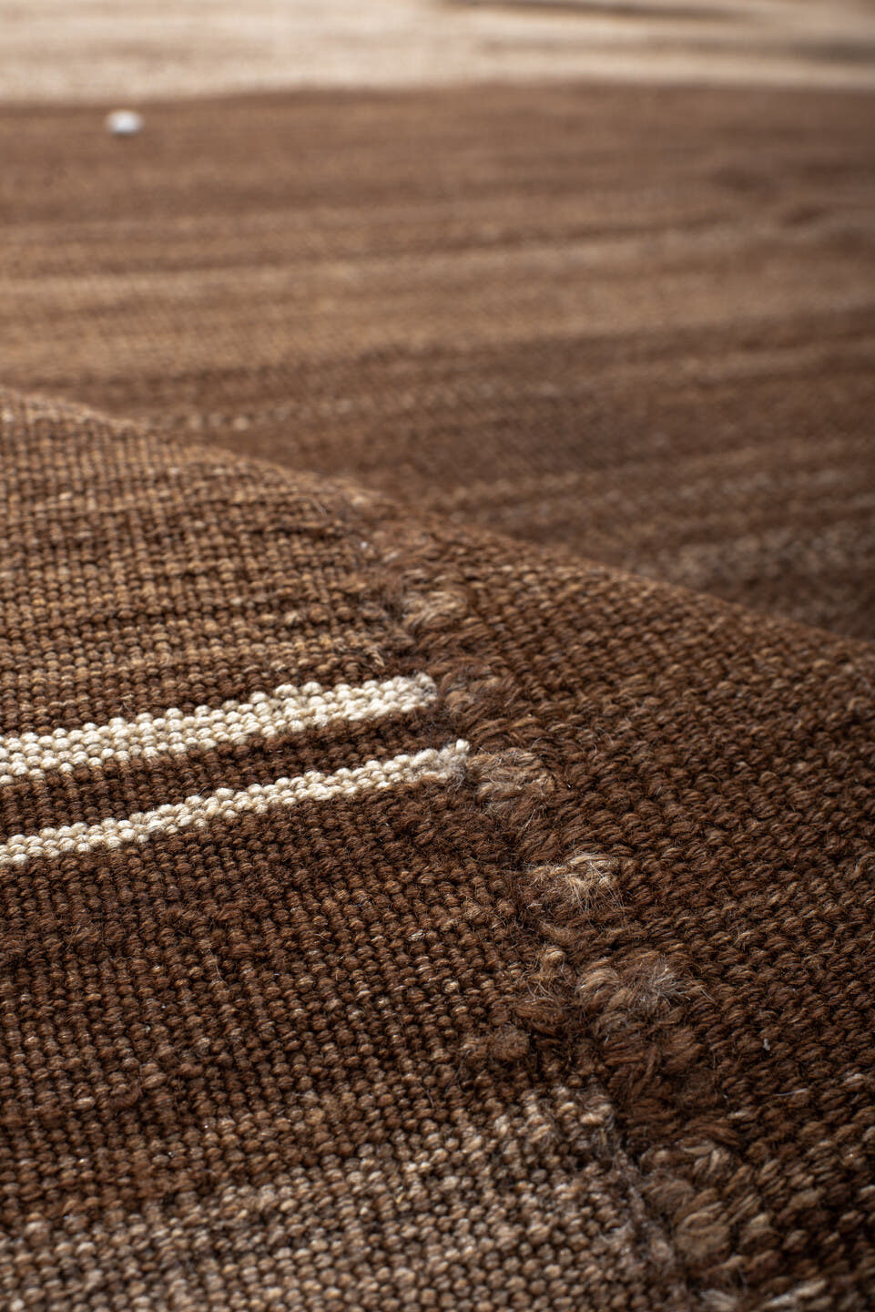 9' x 12' one-of-a-kind handmade vintage Kilim large size rug. Color palette: brown, taupe, camel, ivory, beige, gray