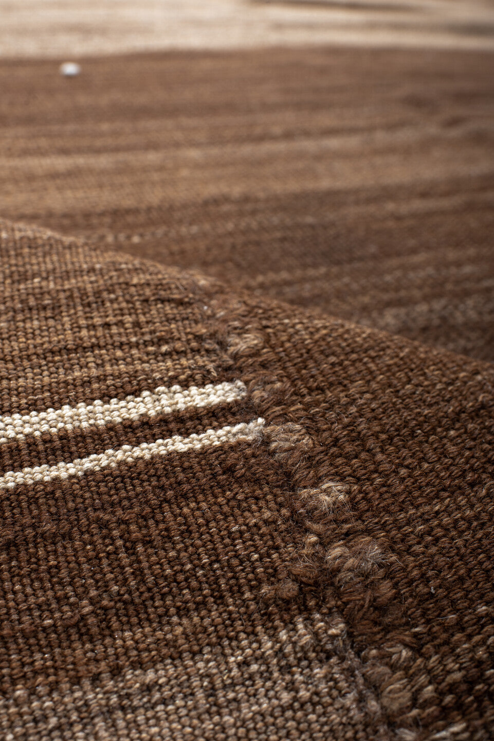 9' x 12' one-of-a-kind handmade vintage Kilim large size rug. Color palette: brown, taupe, camel, ivory, beige, gray